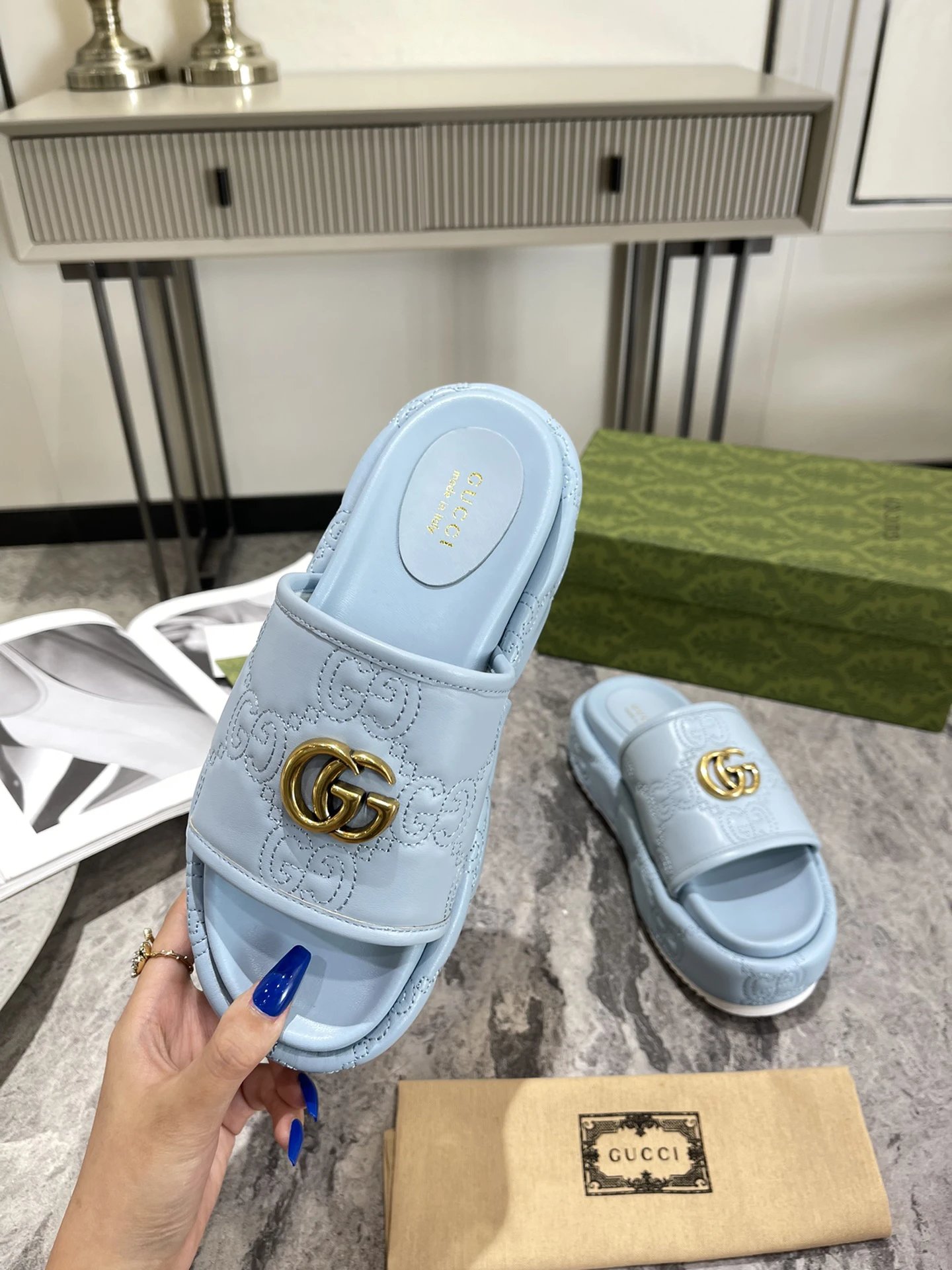 Gucci Women Monogram Sandals Gold Buckle Slippers