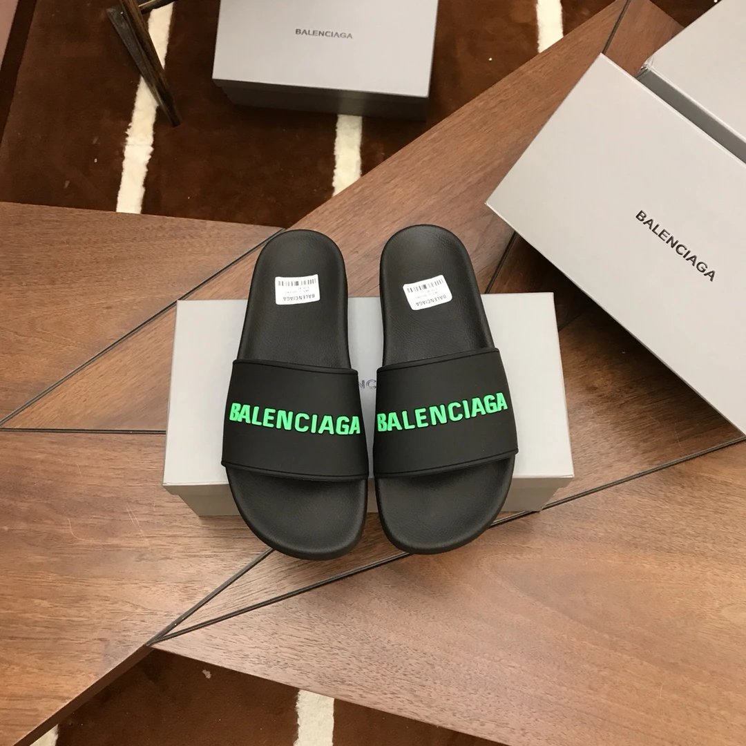 Balenciaga Men's Black Green Logo Slide Sandals