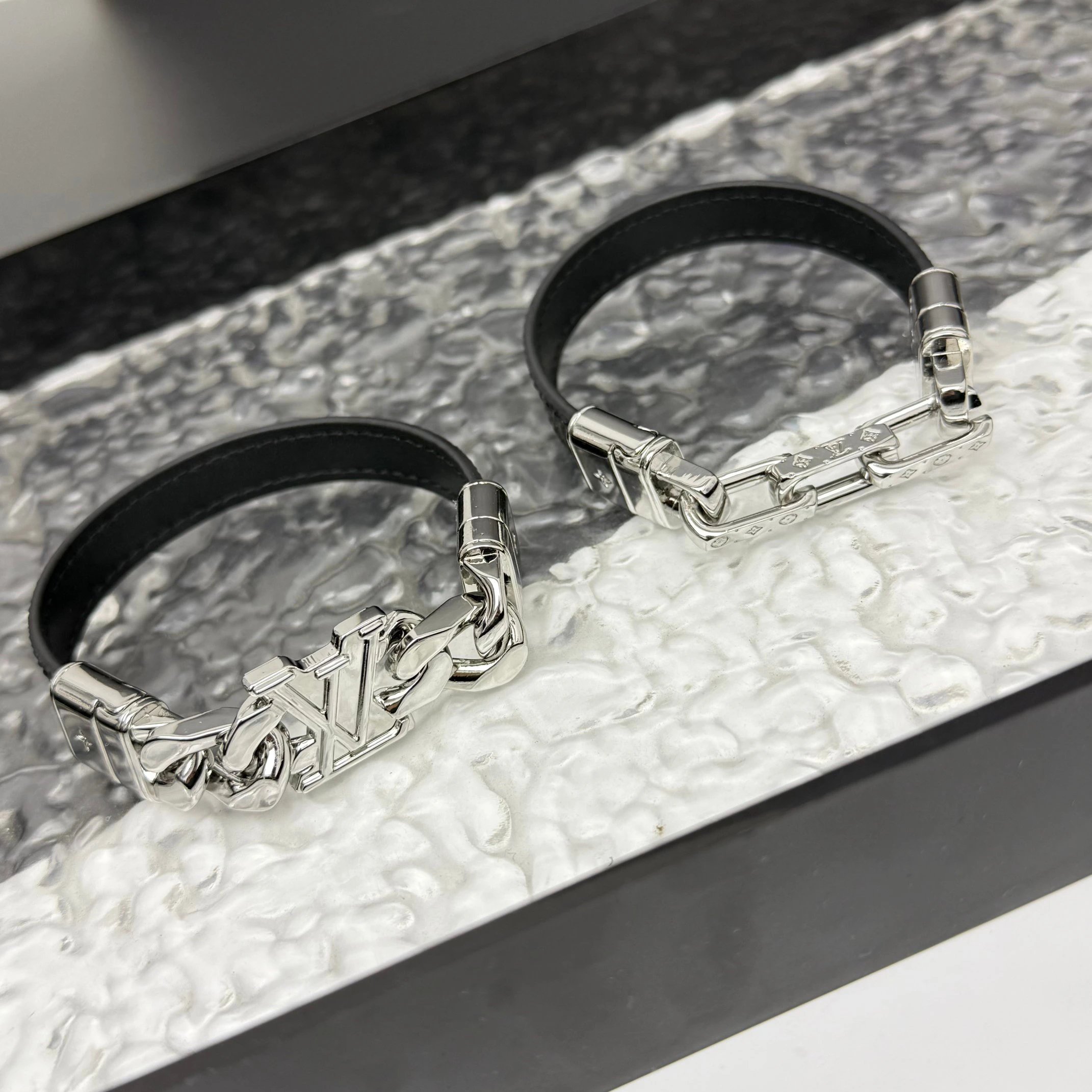 Louis Vuitton Black Leather Silver Men Bracelet