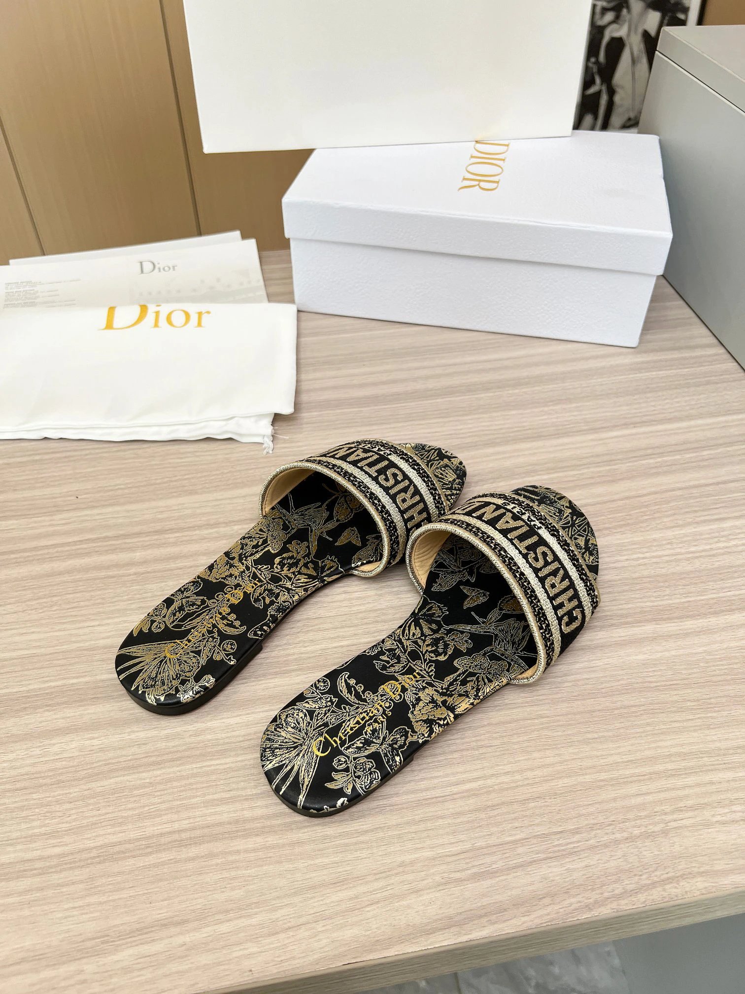 Dior Women Embroidered Black Gold Floral Slides