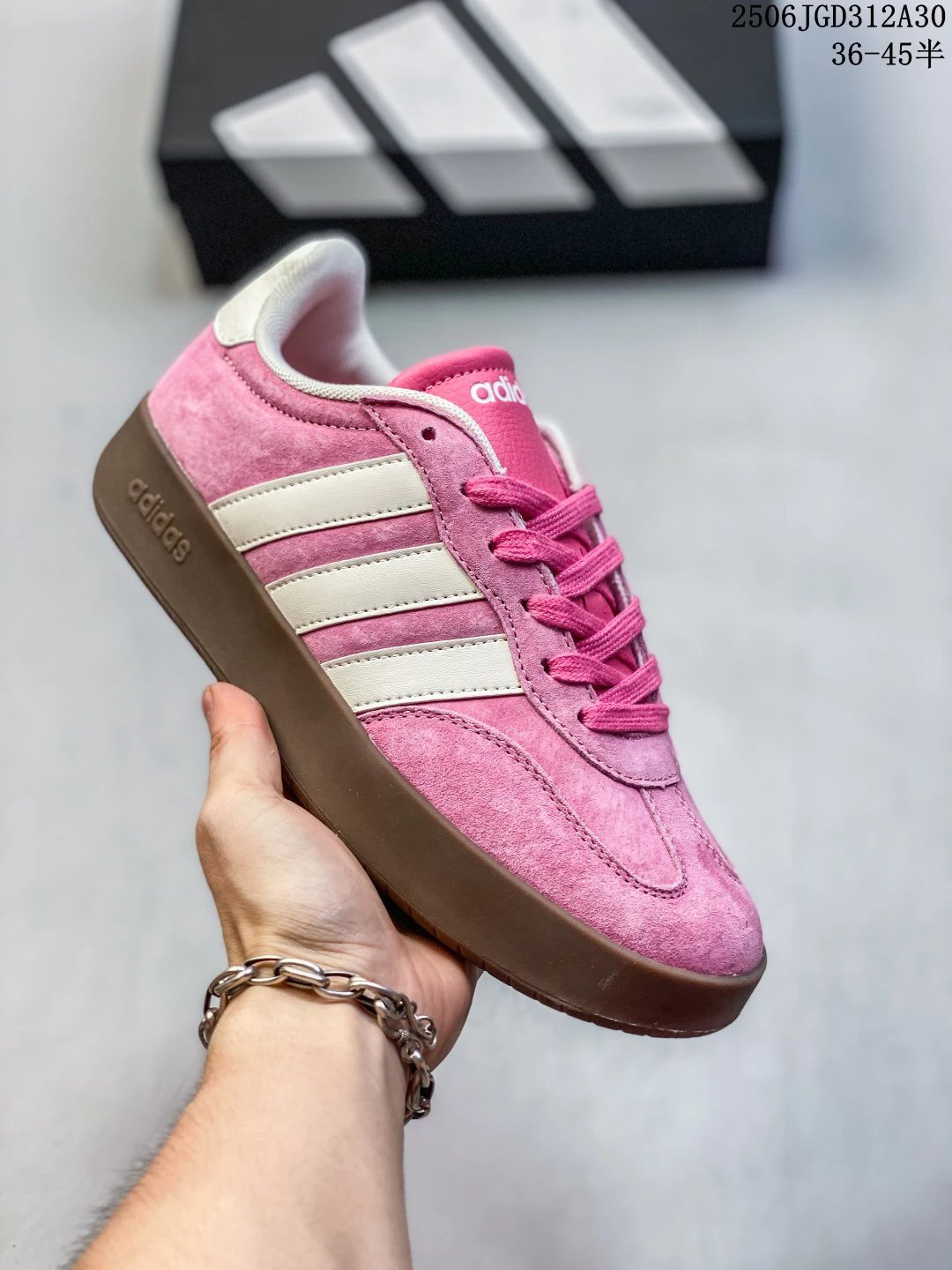 Adidas Pink Suede Low Top Sneakers White Stripes Shoes