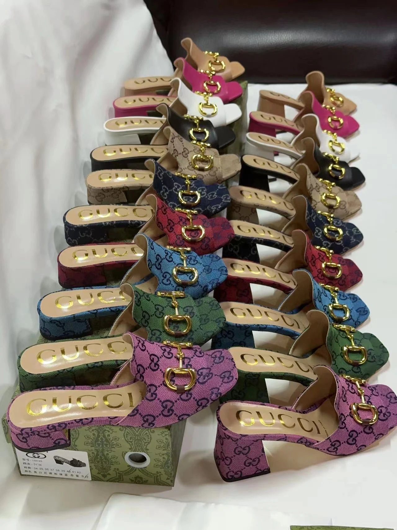 Gucci Women Block Heel Sandals Gold Horsebit Slides