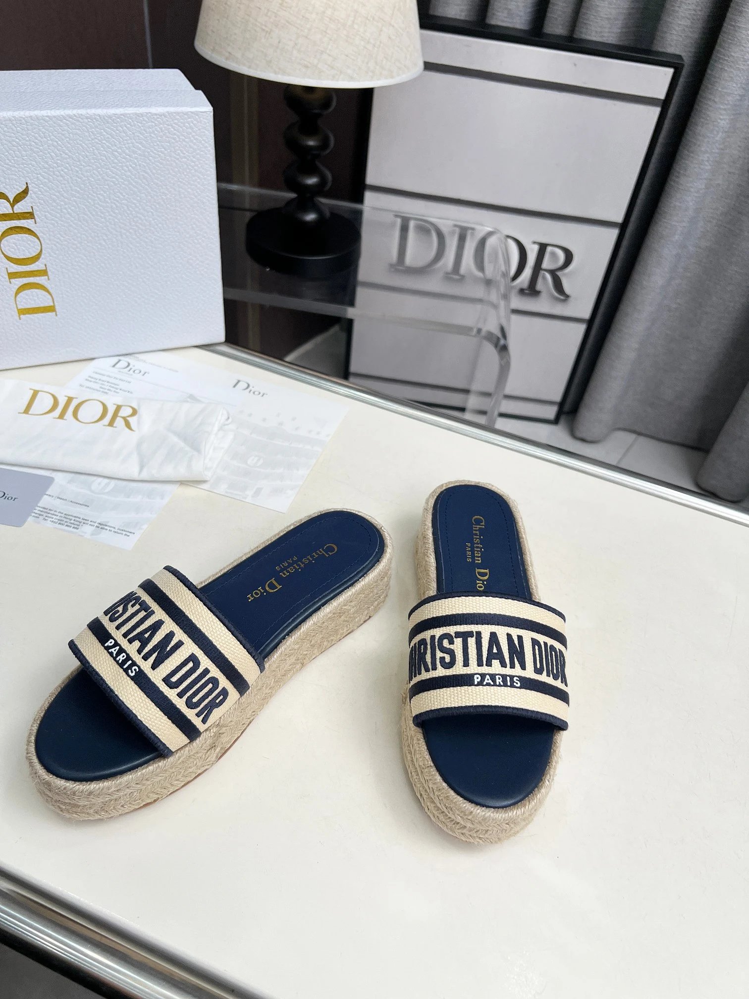 Dior Women Espadrille Slides Navy Beige Logo Sandals