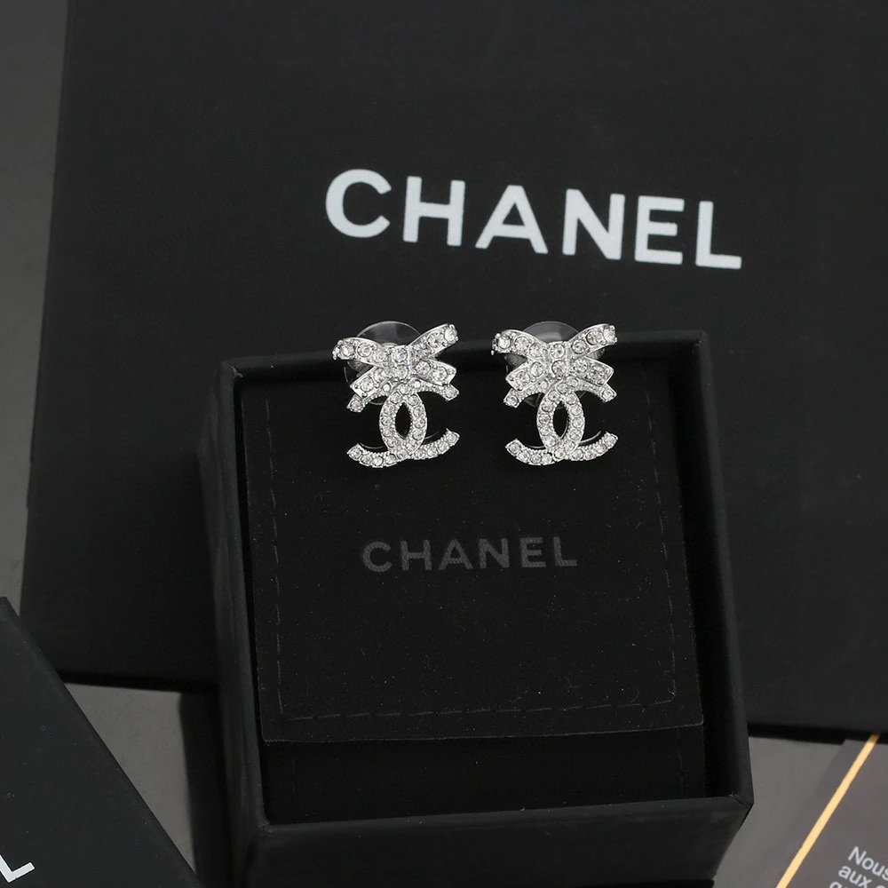 Chanel Crystal Bow Double C Logo Earrings