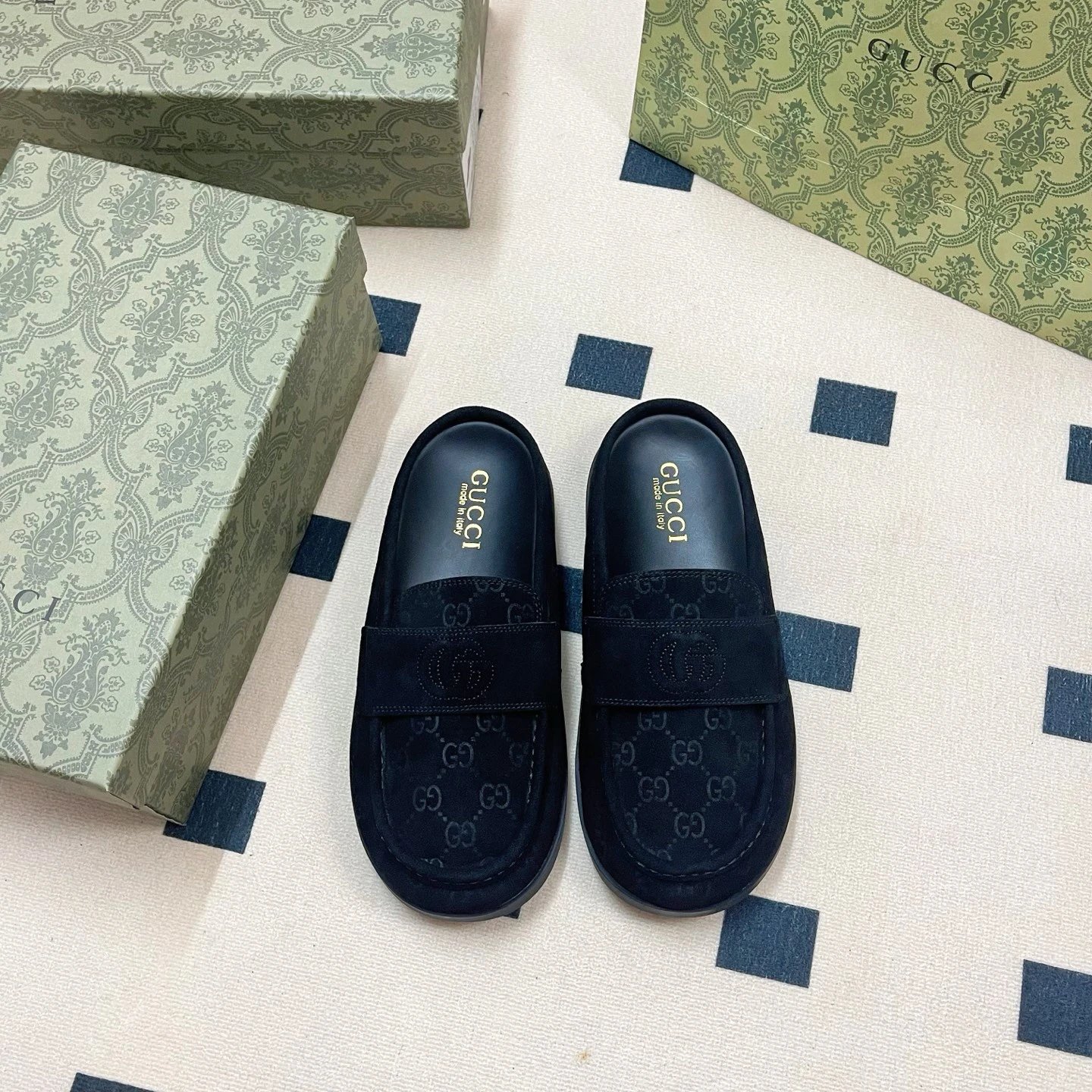 Gucci Men Black Suede GG Slip On Loafers