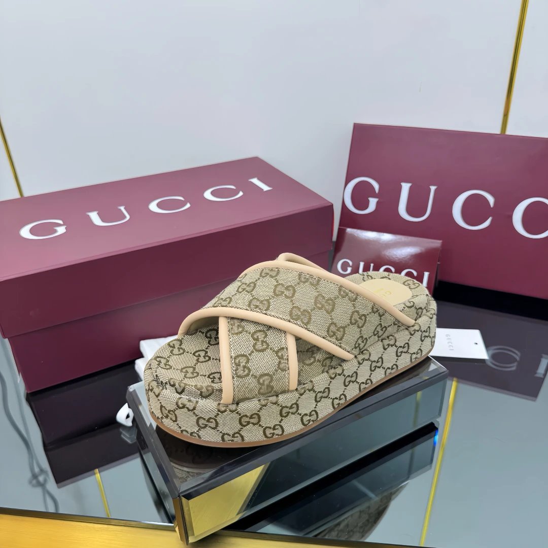 Gucci Women’s GG Canvas Beige Cross Strap Sandals