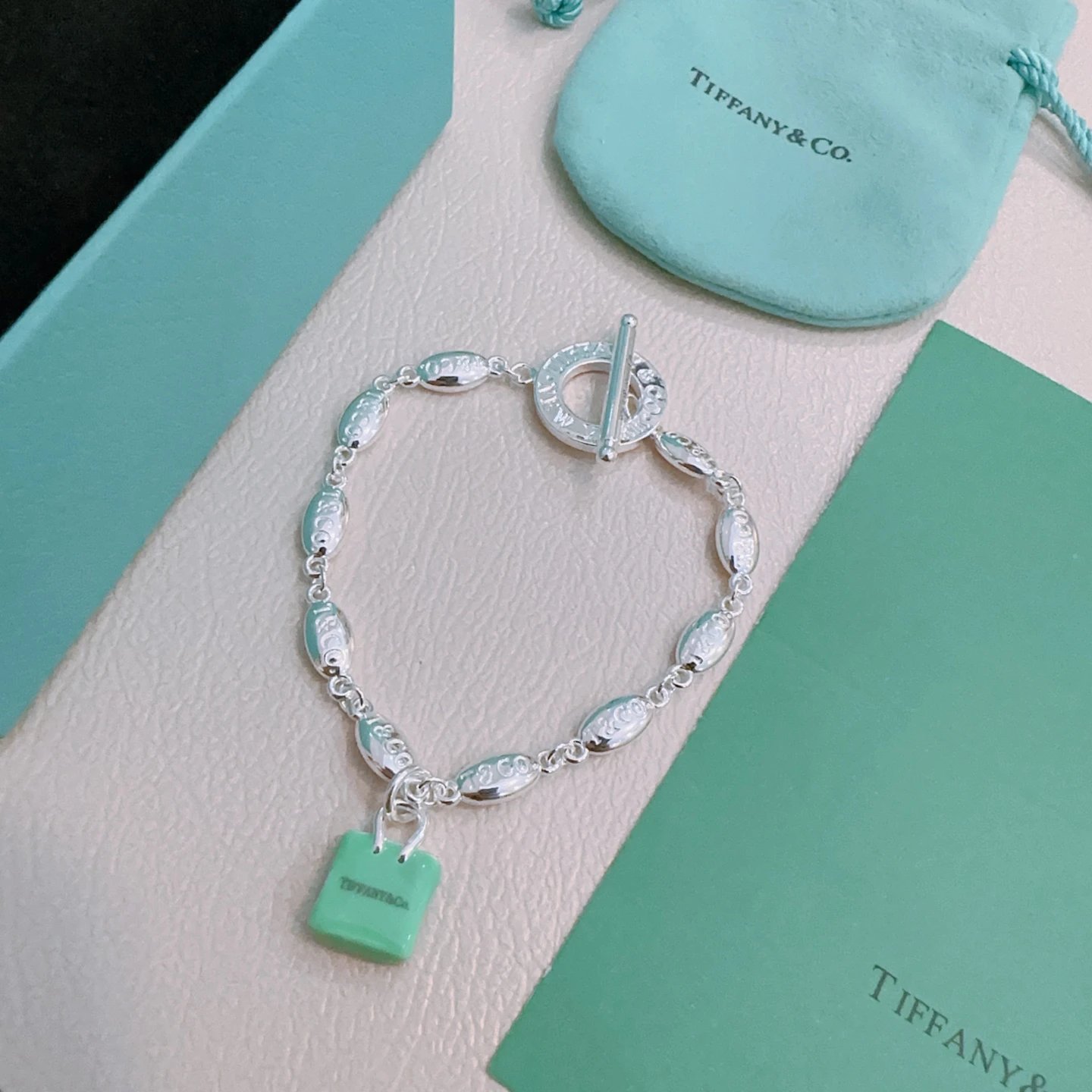 Tiffany Silver Chain Bracelet Green Charm Jewelry Gift