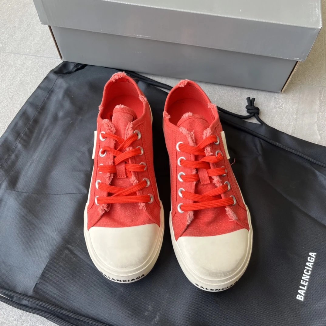 Balenciaga Red Distressed Canvas Sneakers Shoes