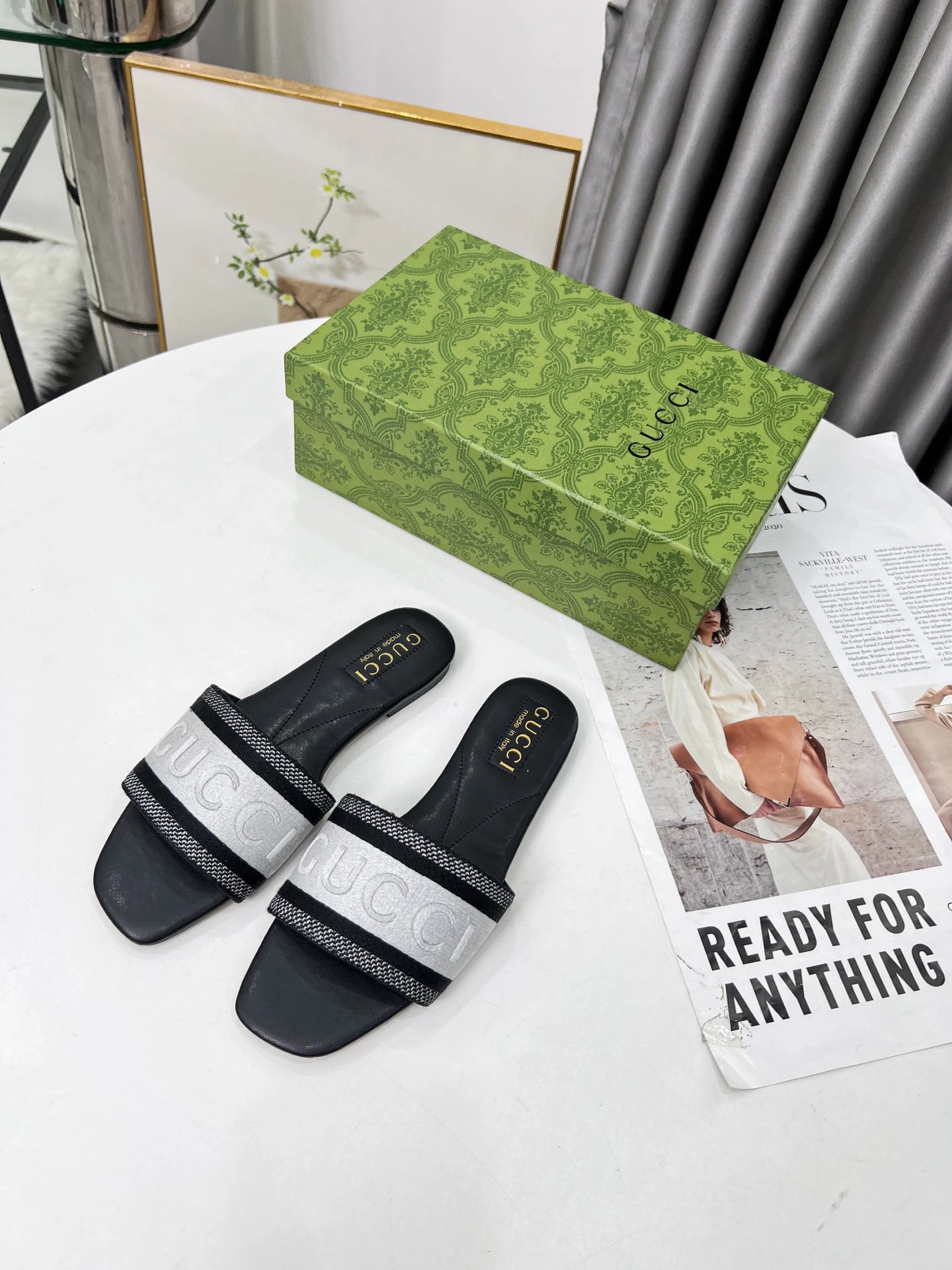Gucci Black Silver Logo Women Slide Sandals