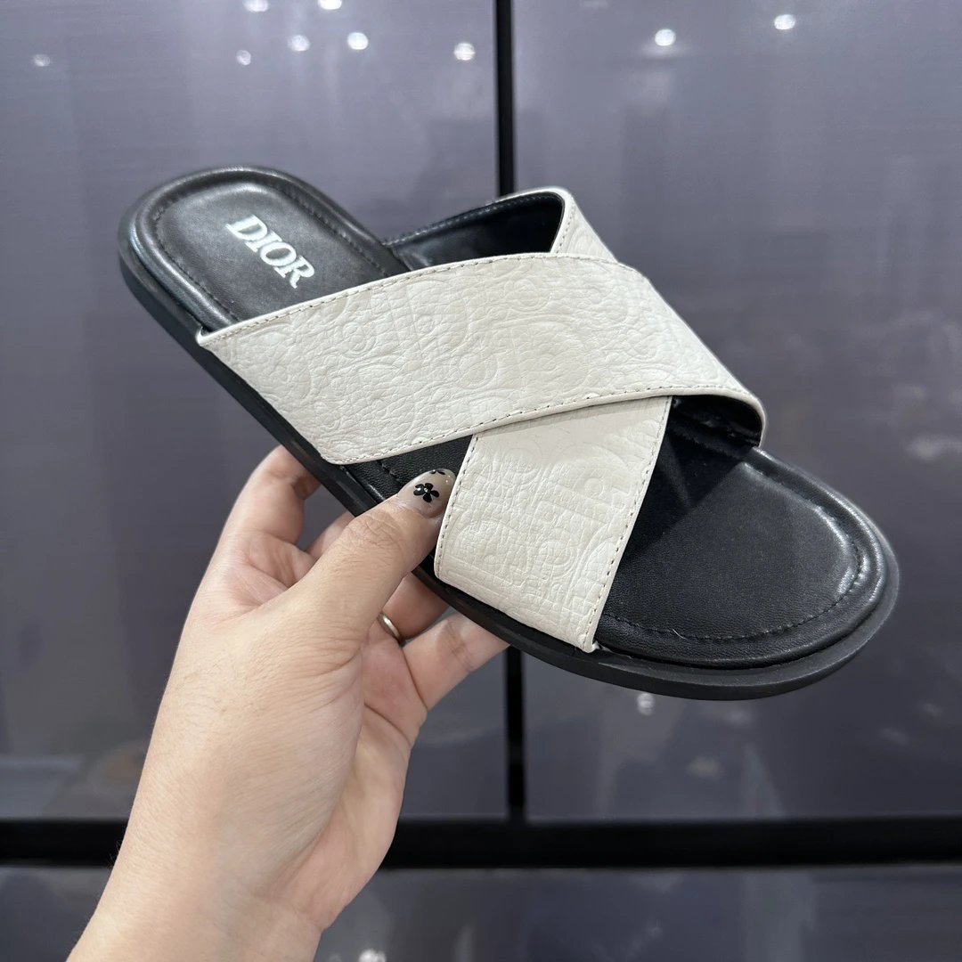 Dior Men Cross Strap Leather Sandals Black White