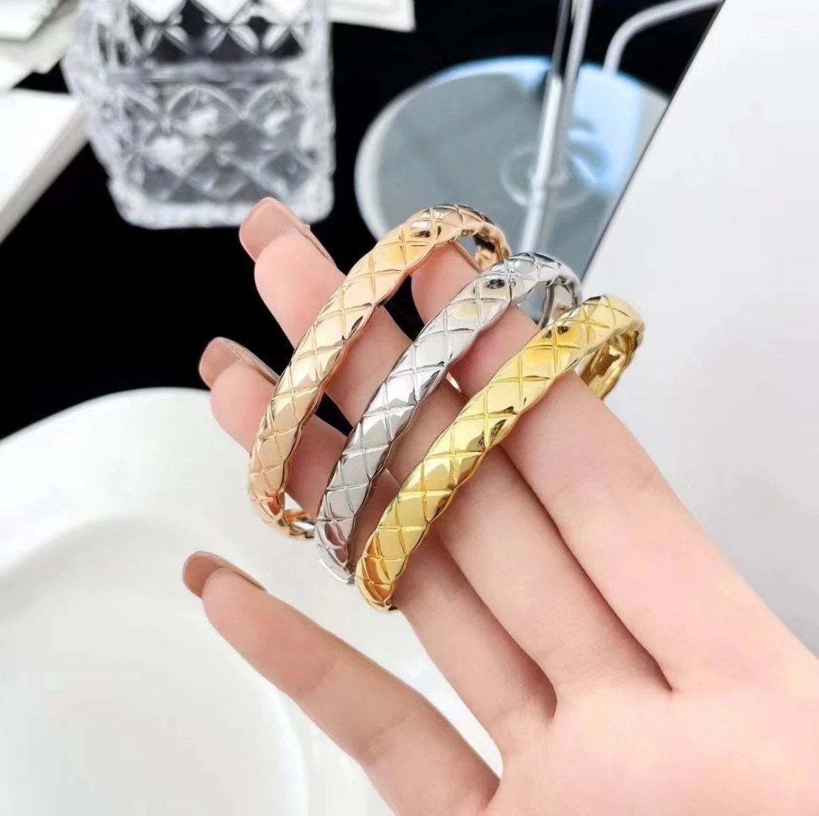 Chanel Quilted Metal Gold Silver Bangles Women Jewelry