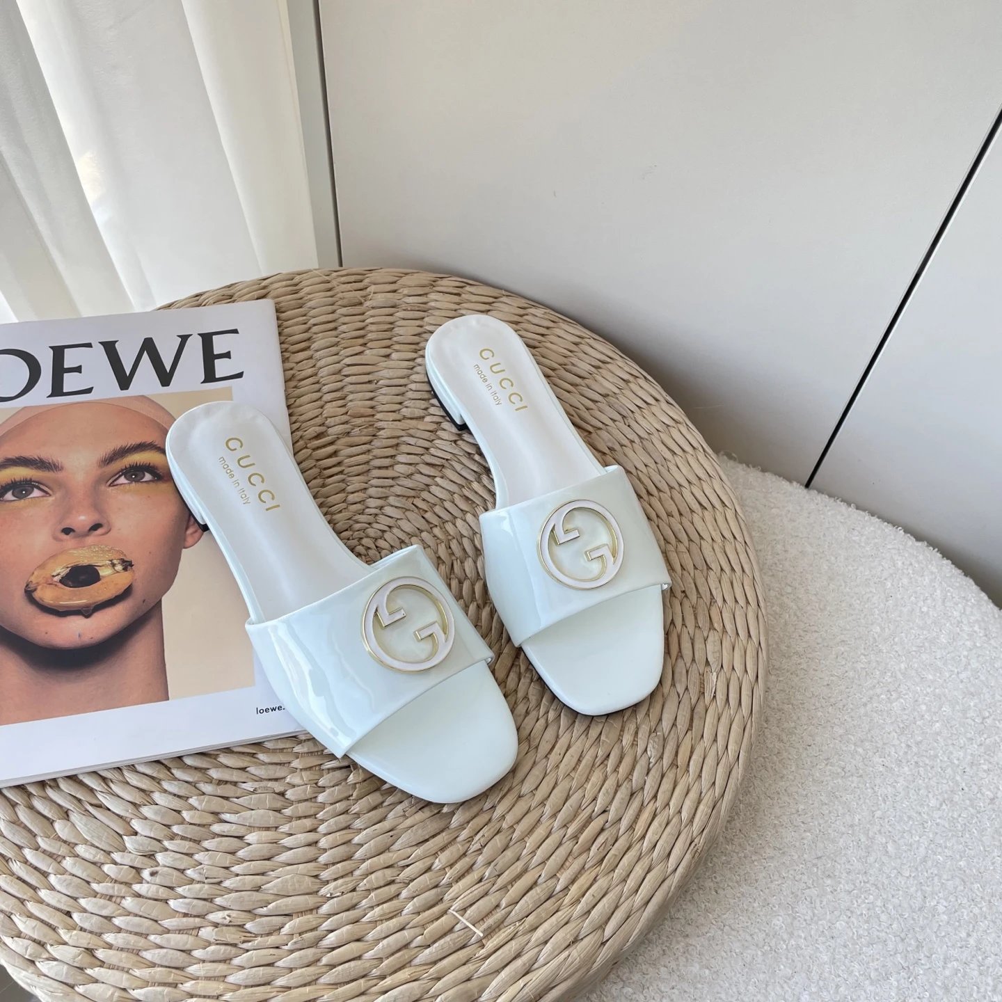 Gucci Women White Slide Sandals Double G Logo