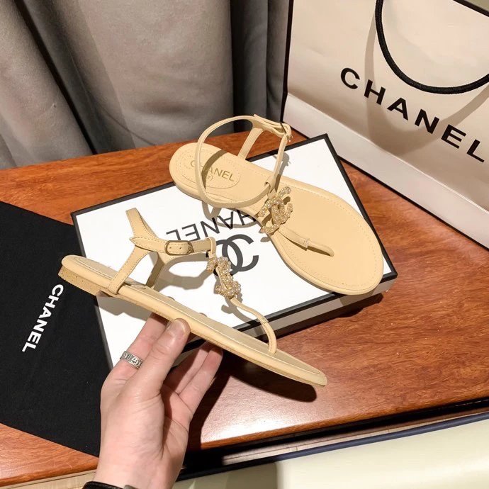 Chanel Beige Leather Flat Sandals Gold CC Logo Shoes