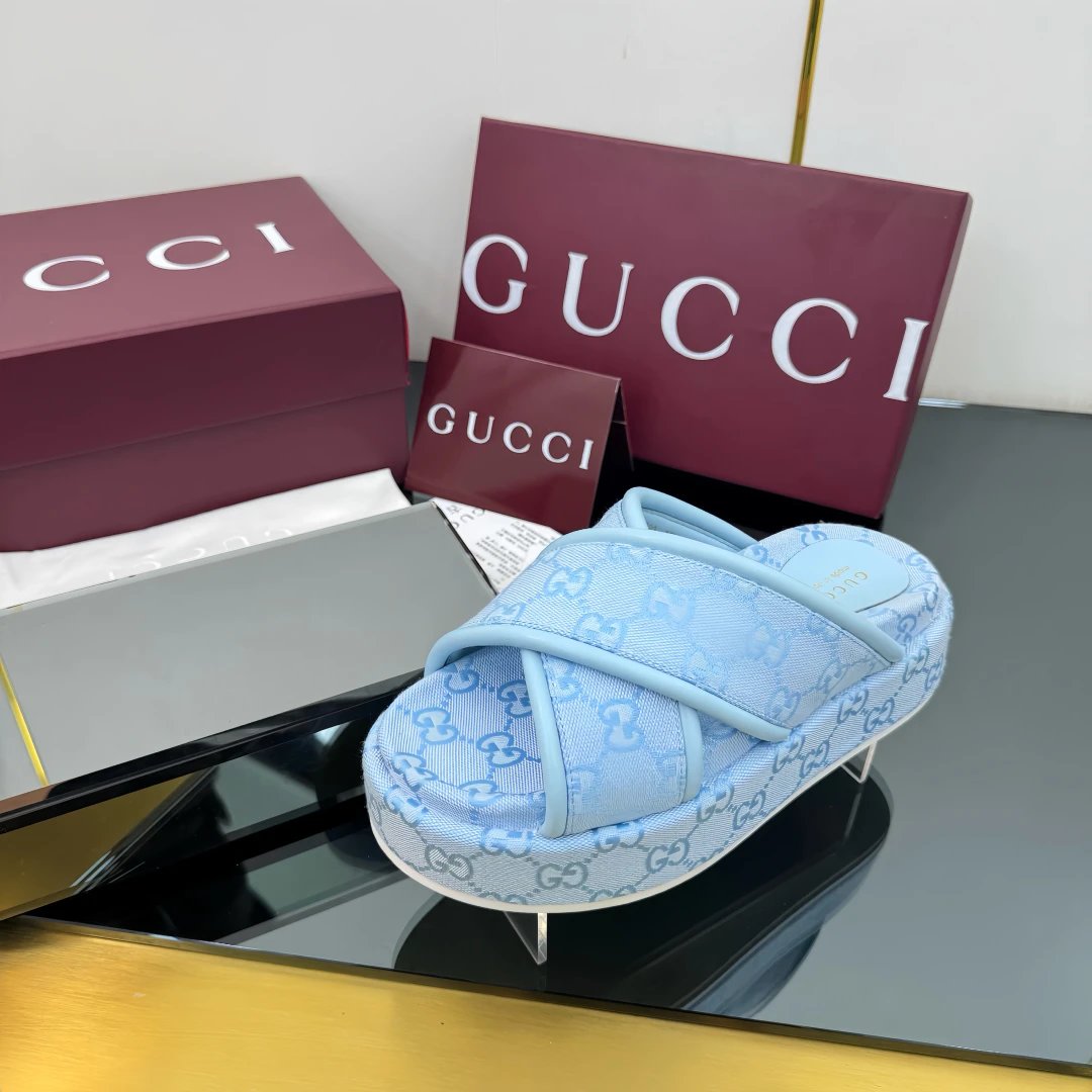 Gucci Women Blue GG Logo Platform Slippers Sandals