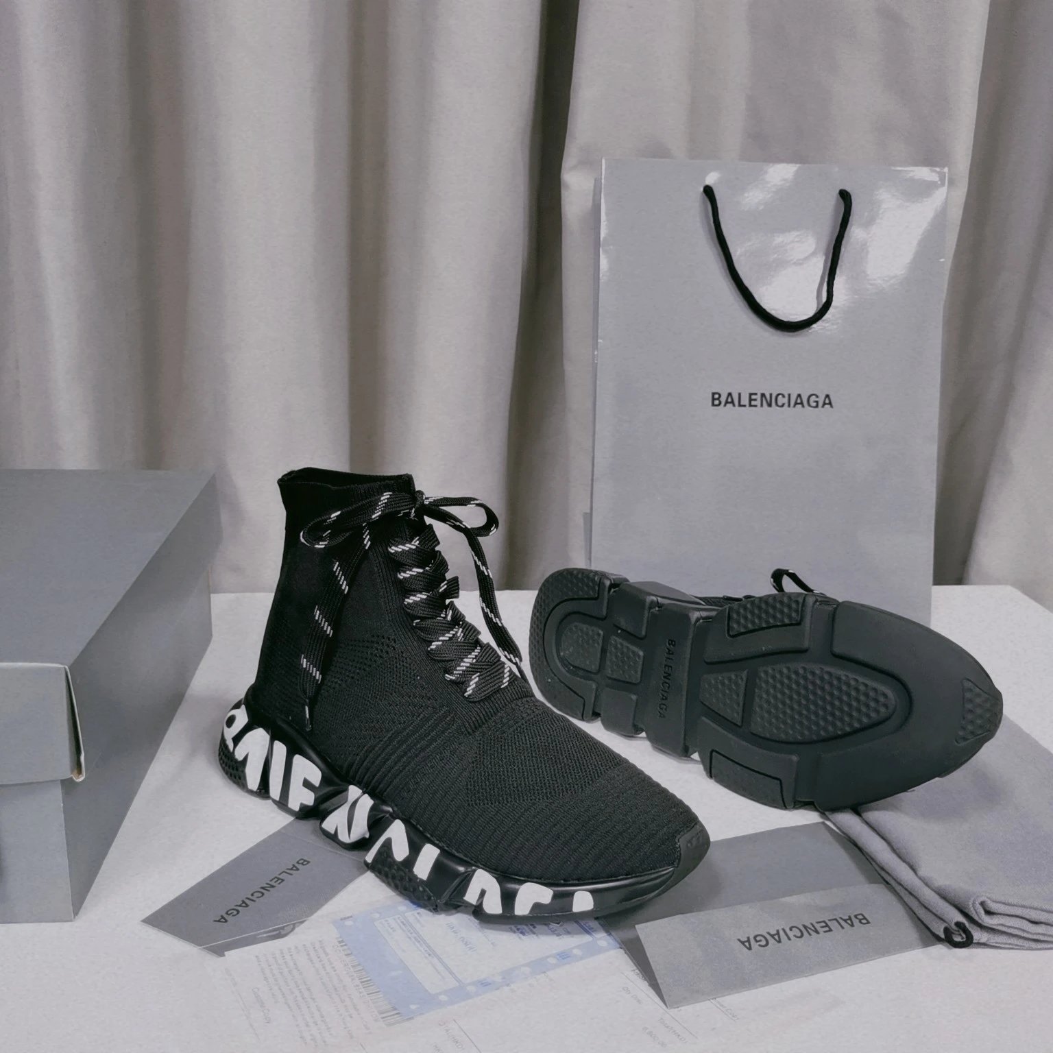 Balenciaga Black Knit Sock Lace Up Sneakers