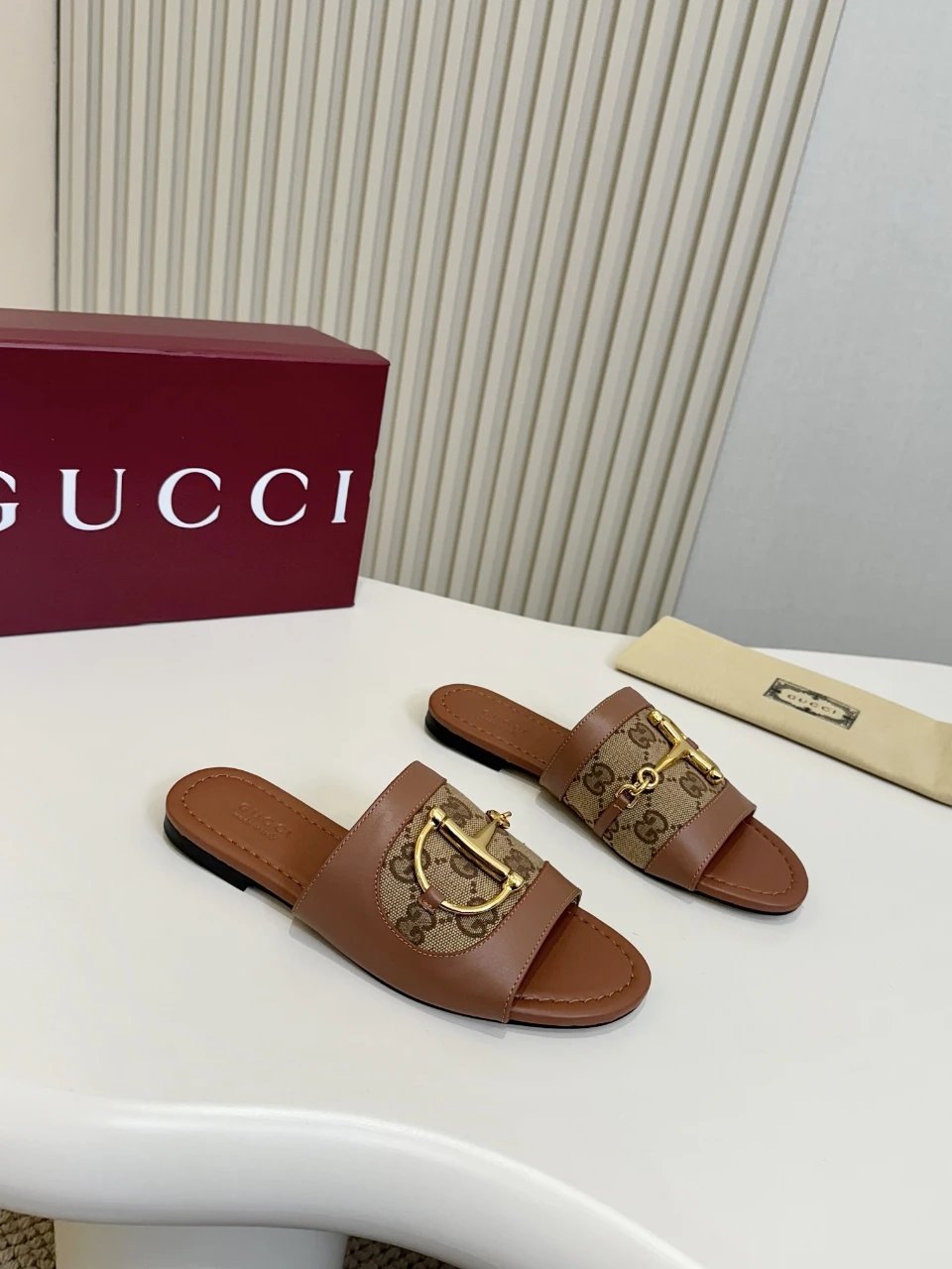 Gucci GG Canvas Leather Women Slide Sandals