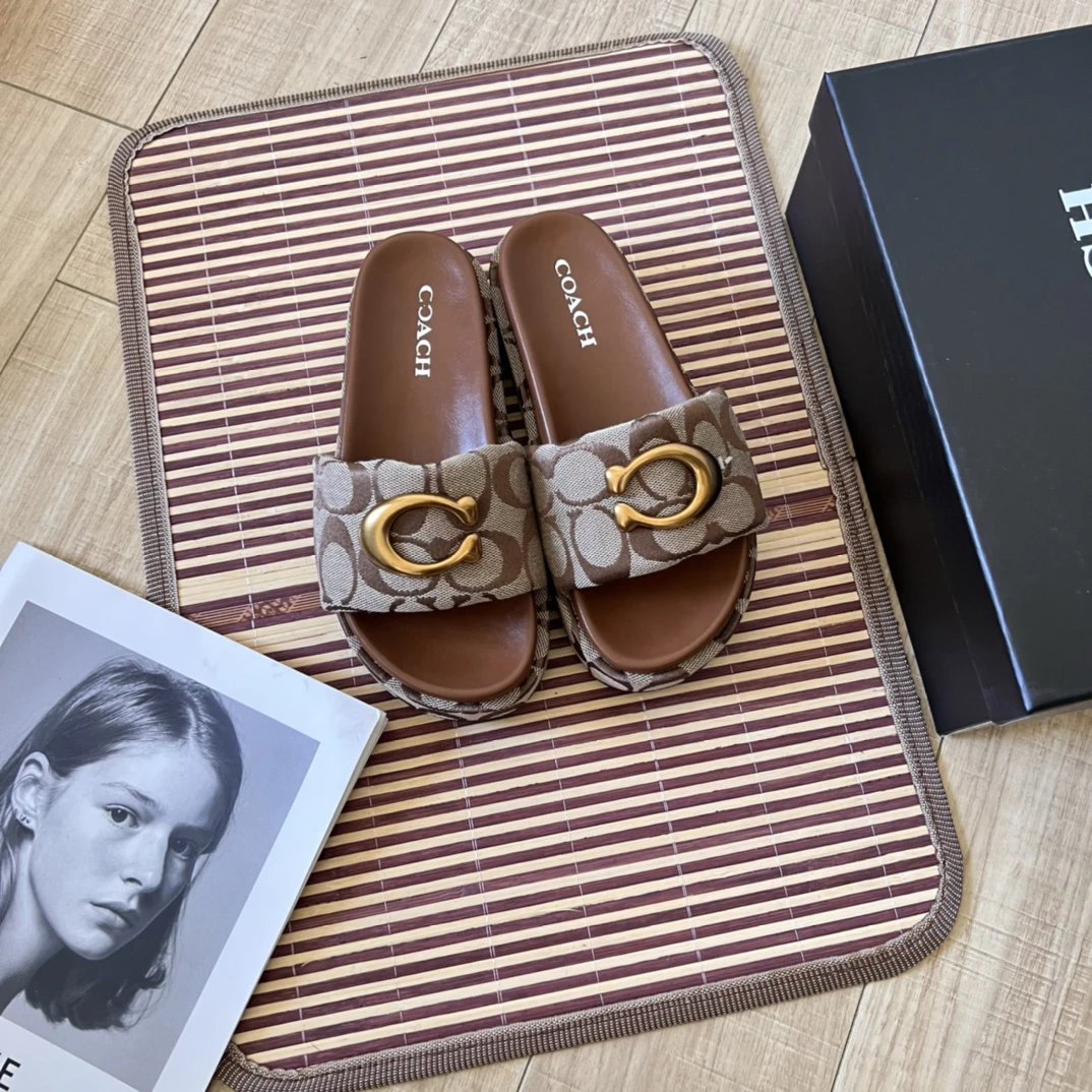Coach Women’s Brown Signature Slide Sandals with Buckle