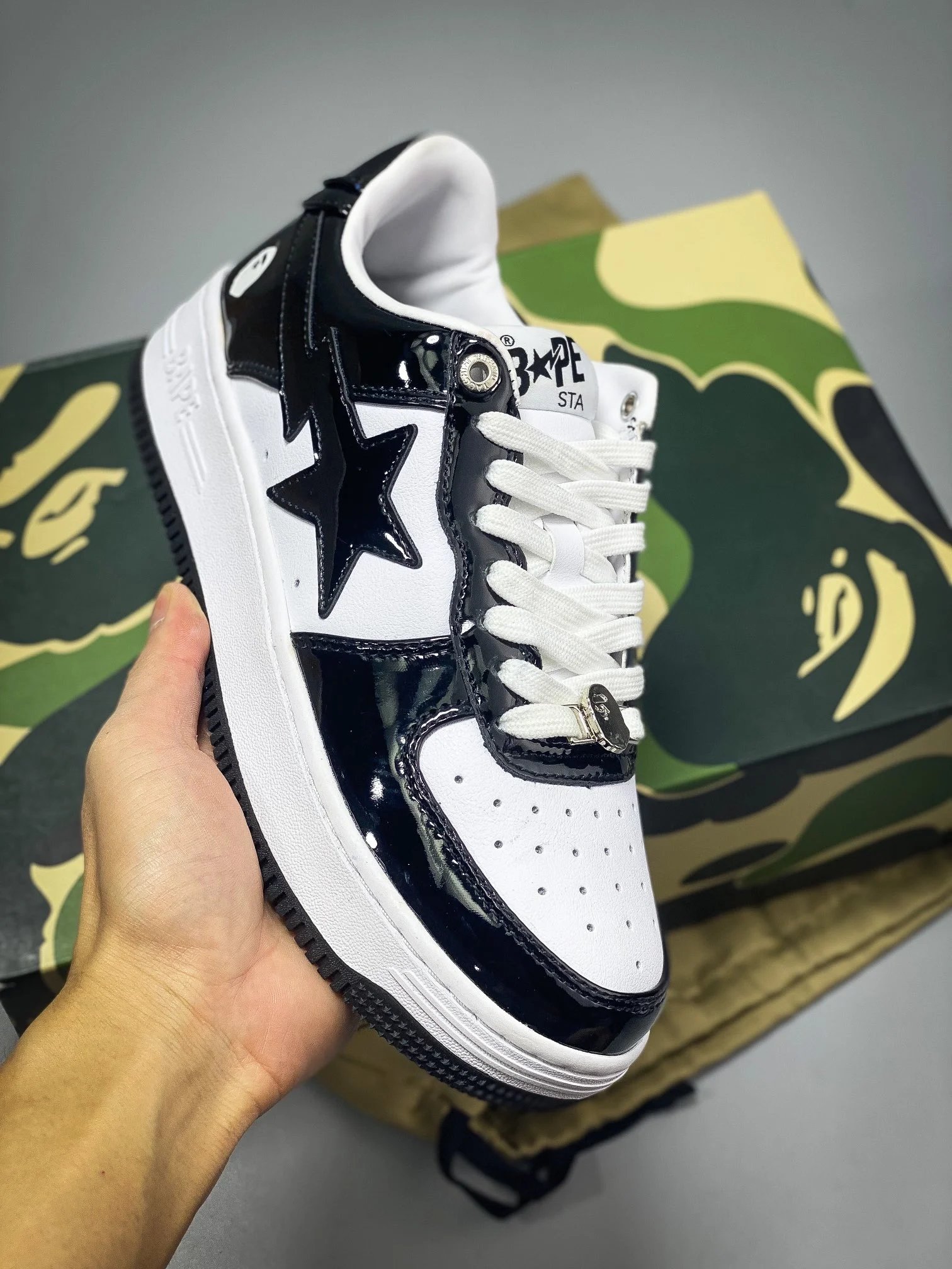 BAPE STA Black White Patent Leather Streetwear Sneakers