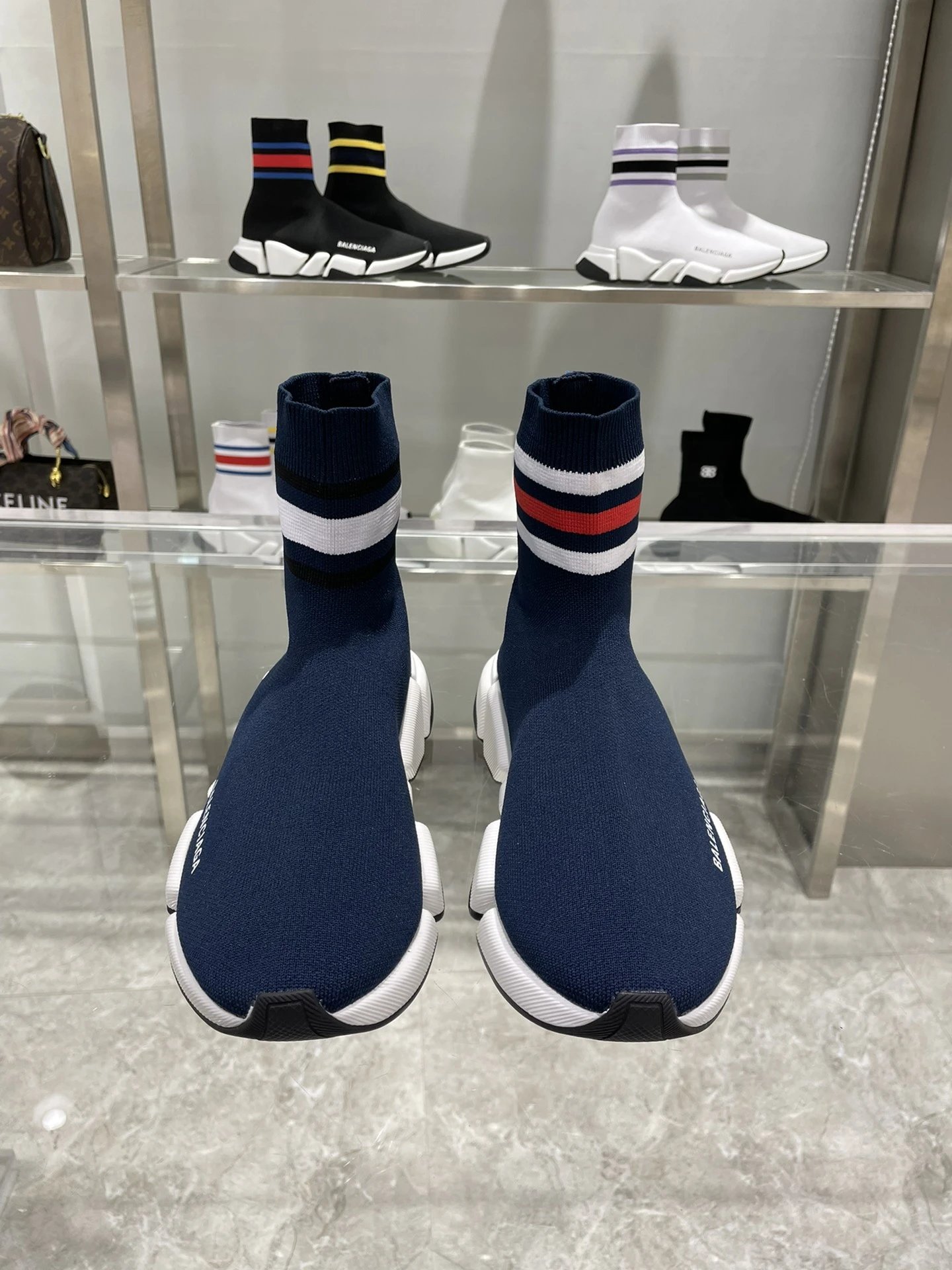 Balenciaga Speed Trainer Navy Knit Sock Sneakers