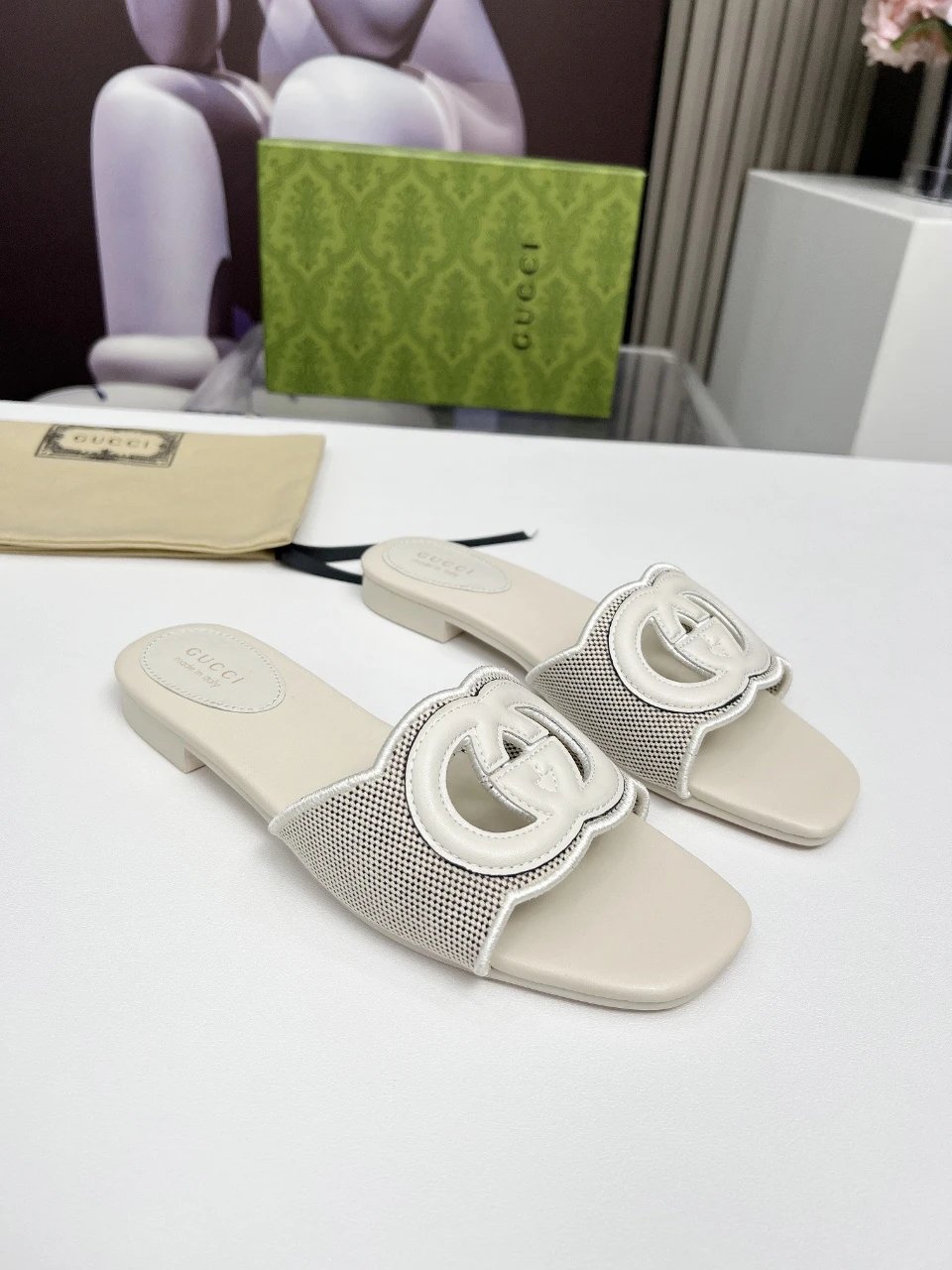 Gucci Women Mesh Slide Sandals Beige Summer Shoes