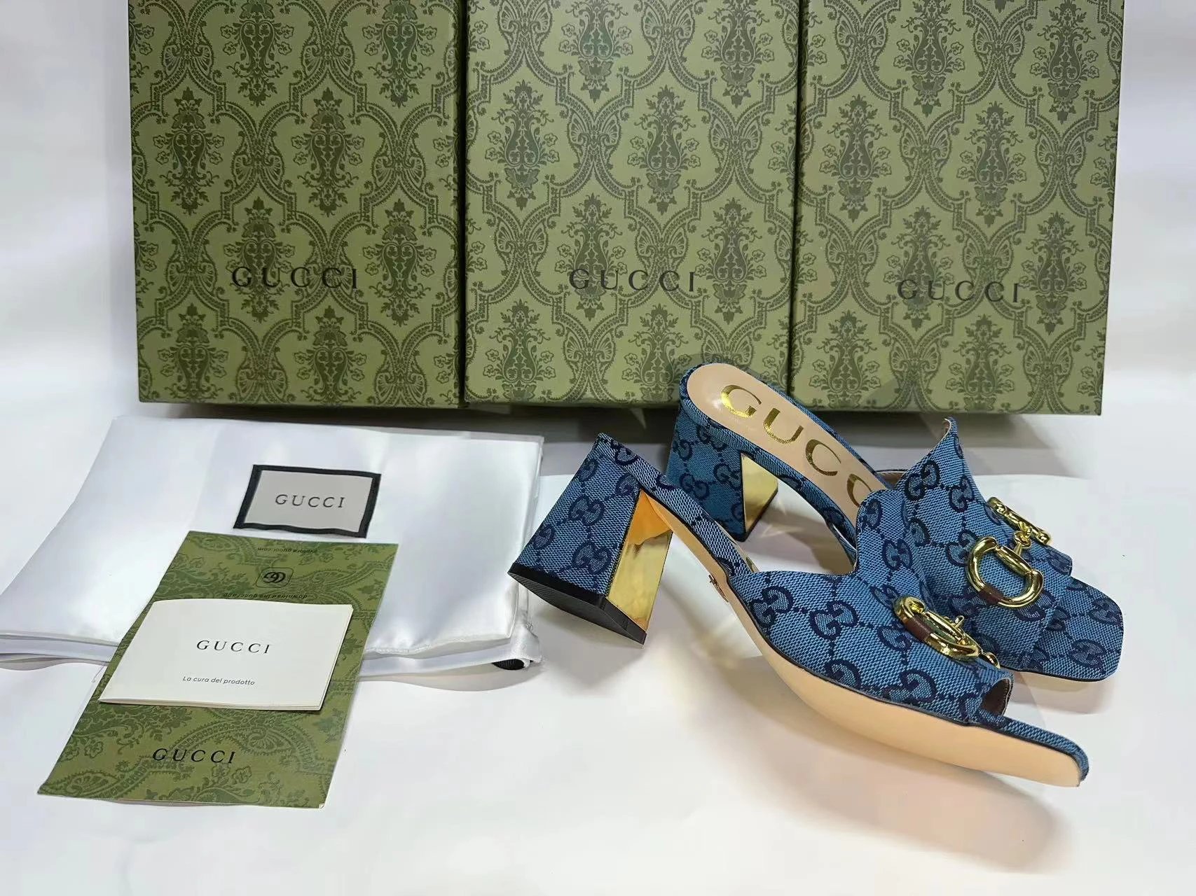 Gucci Women Denim GG Block Heel Mules Shoes