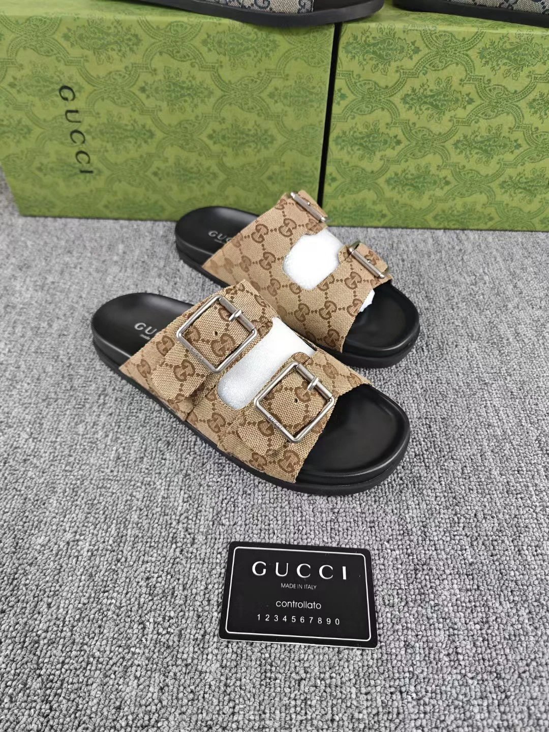 Gucci Men Monogram Canvas Buckle Slide Sandals Luxury