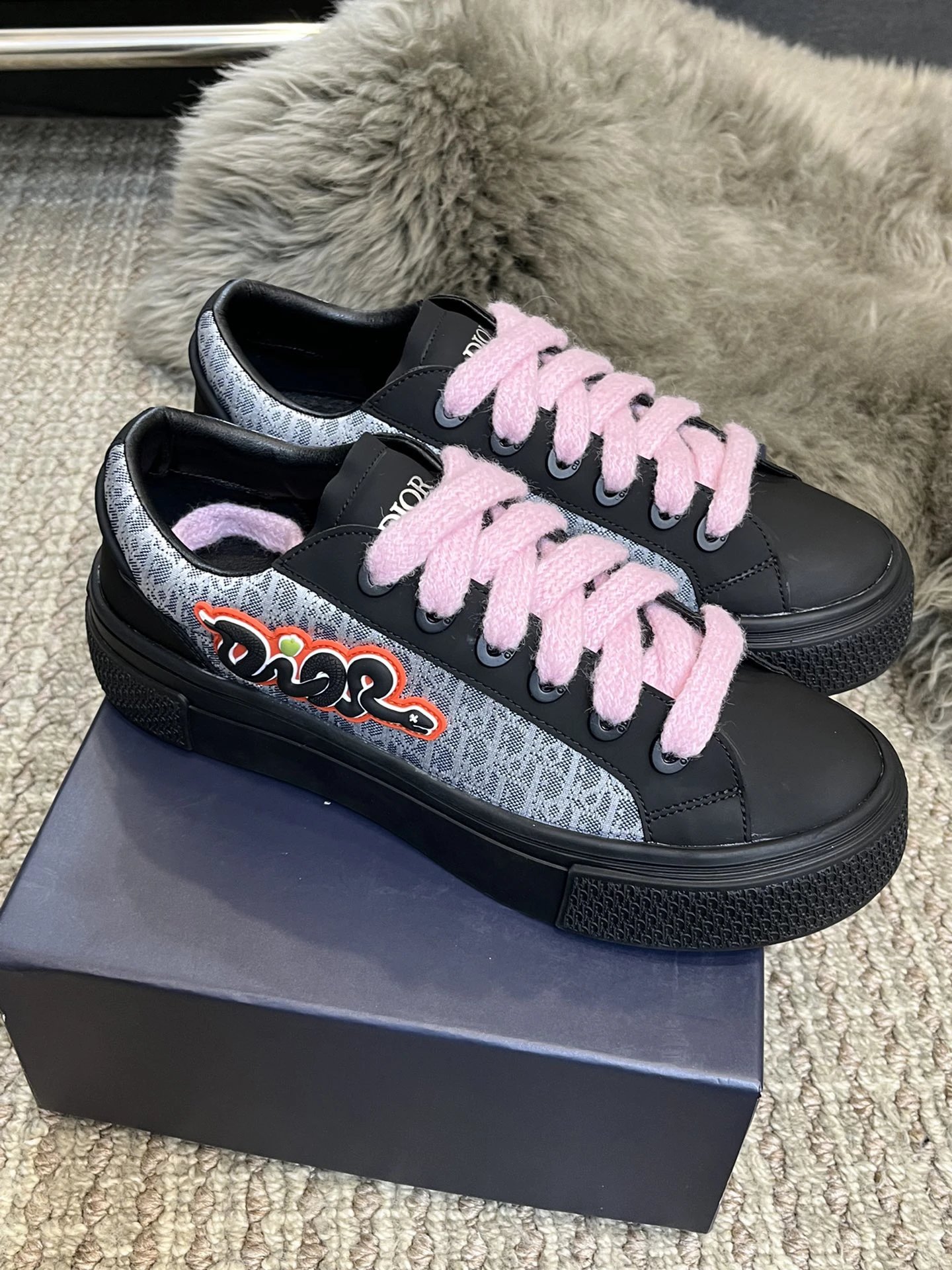 Dior Monogram Black Pink Lace Low‑Top Sneakers