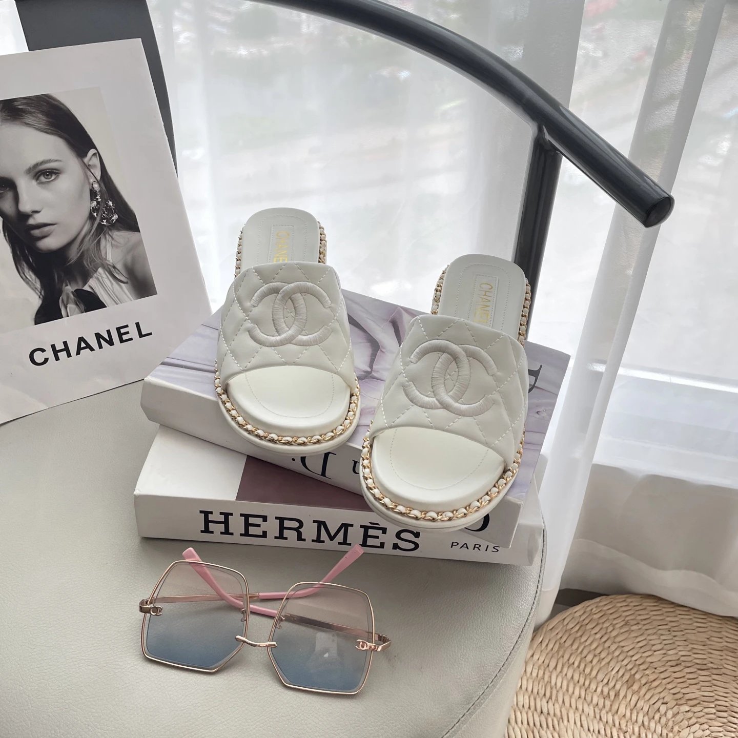 Chanel Quilted Leather White Slides Women Sandals
