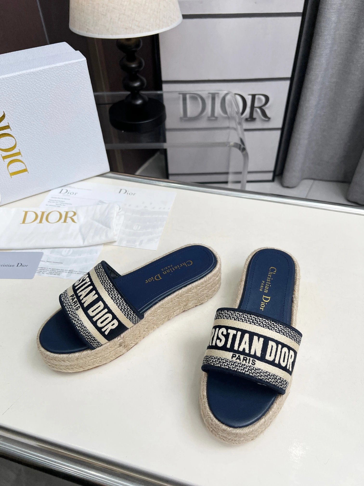 Dior Women Espadrille Sandals Navy Beige Platform Shoes