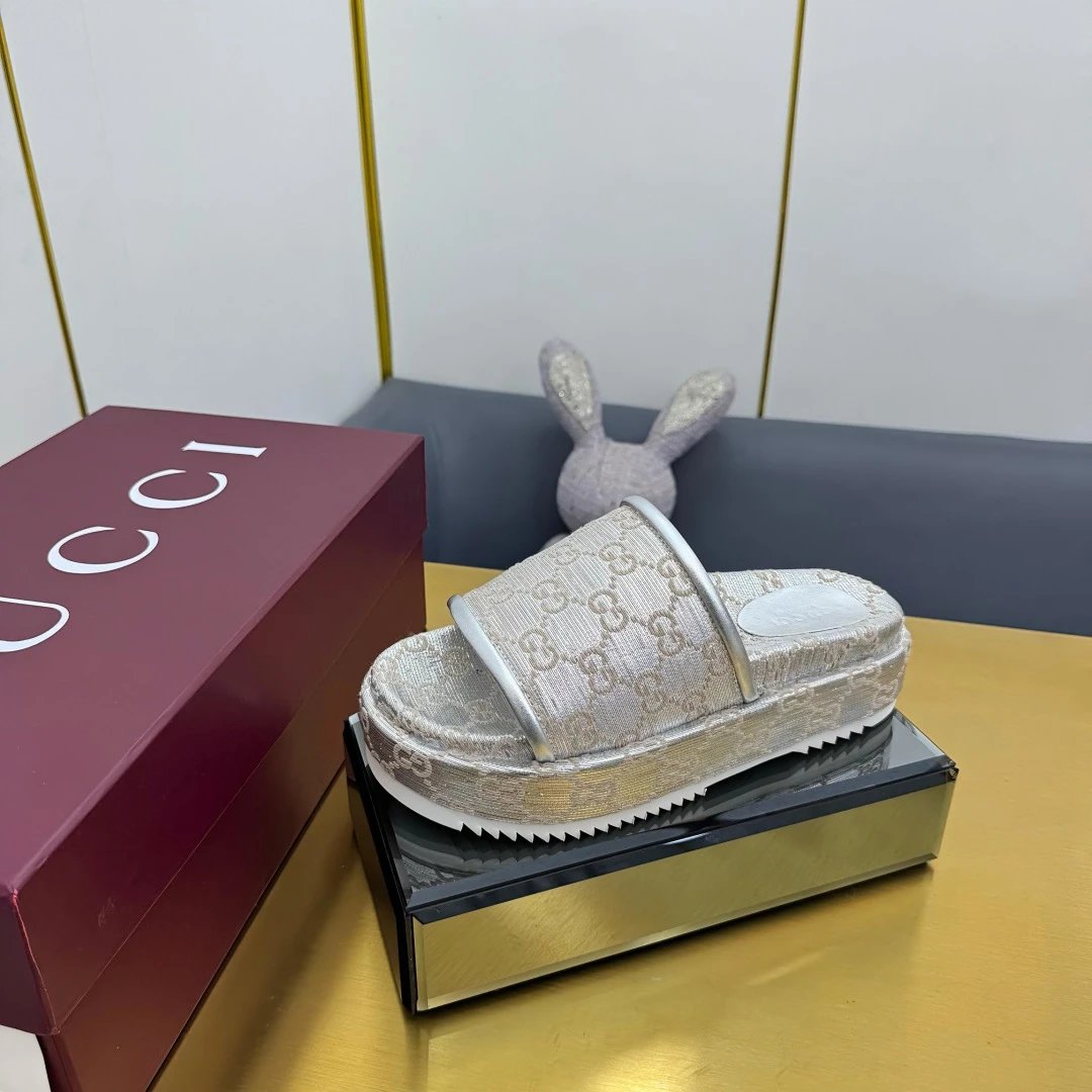 Gucci Beige Platform Slide Sandals Women Shoes