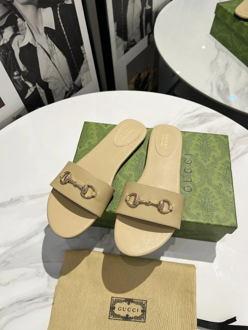 Gucci Women Beige Leather Horsebit Slide Sandals