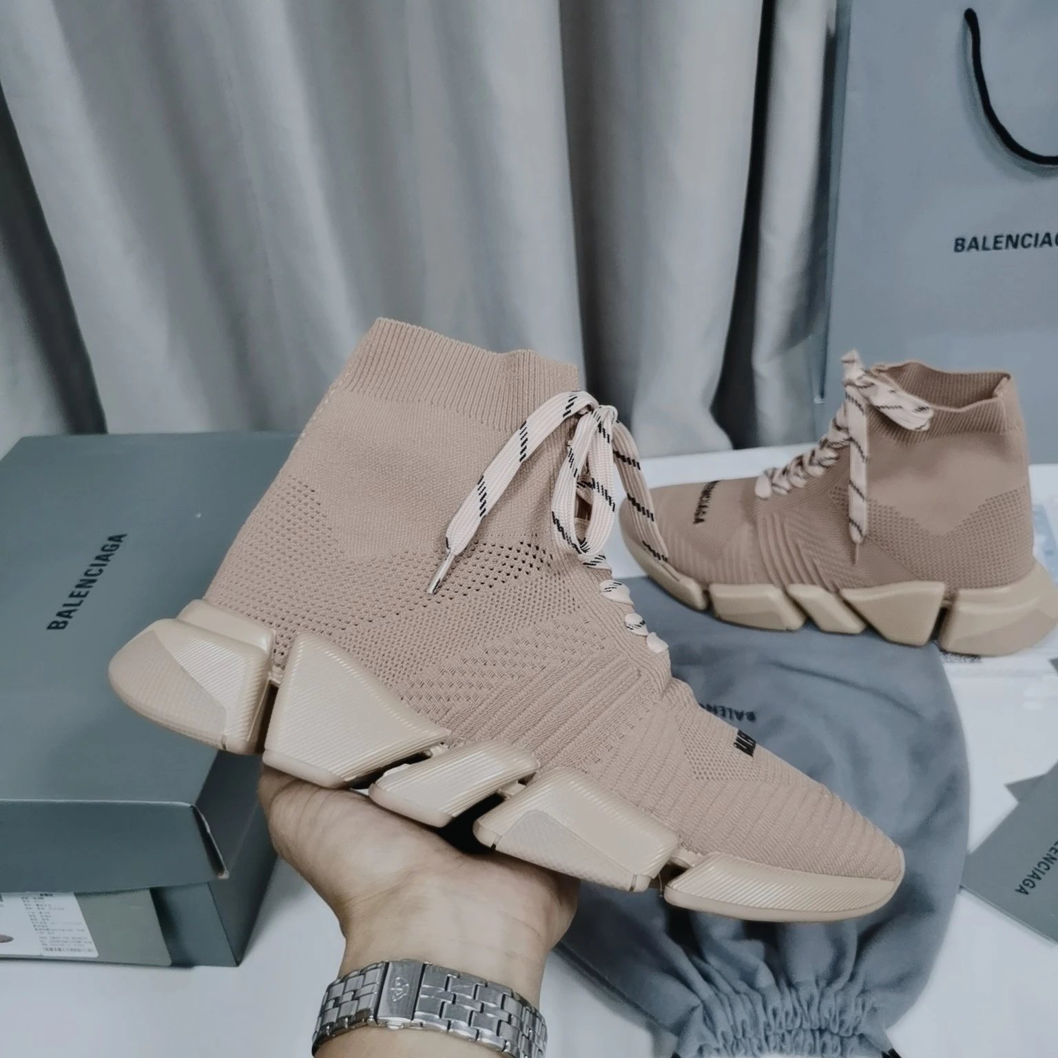 Balenciaga Beige Knit High Top Chunky Sole Sneakers