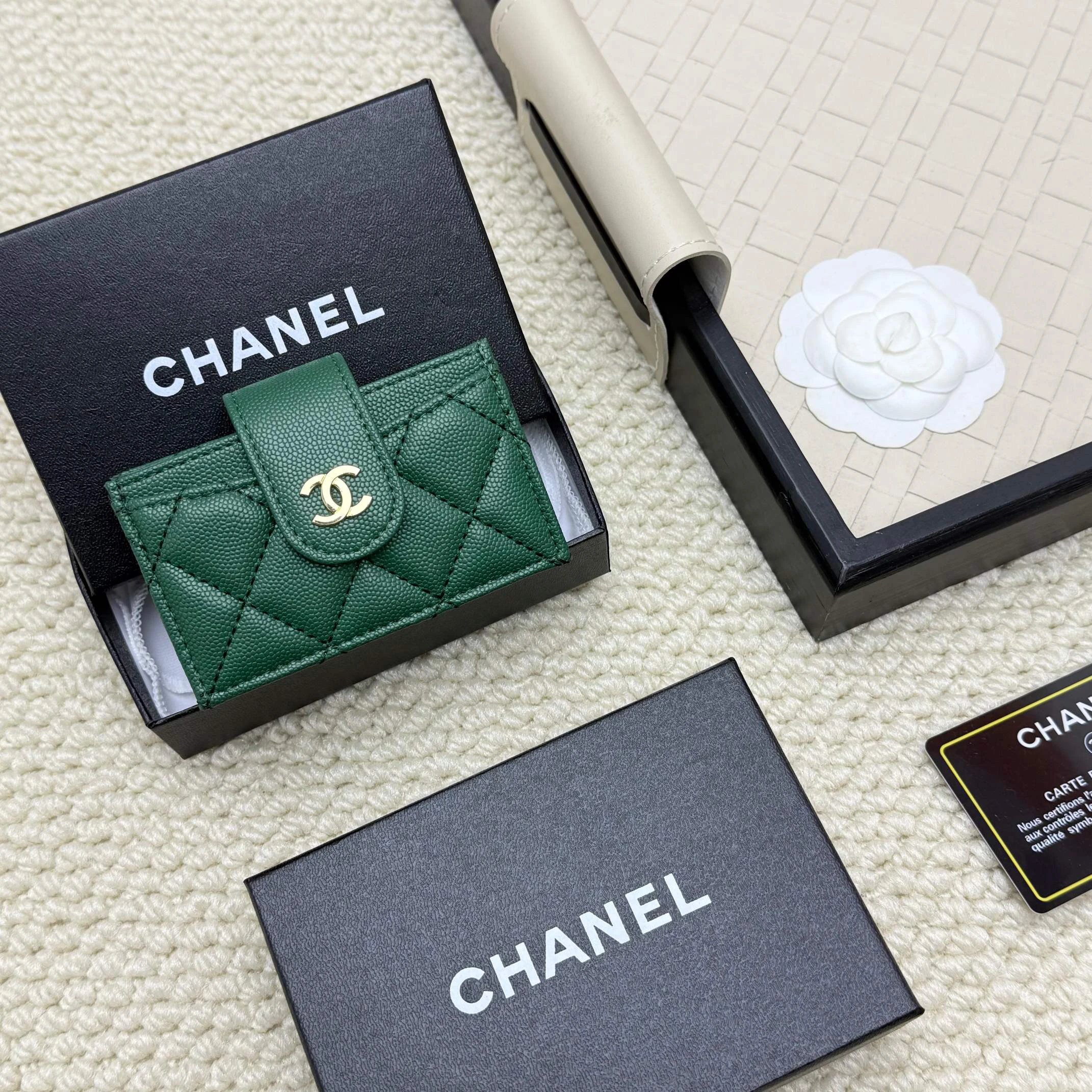Chanel Green Quilted Leather Card Holder Wallet
