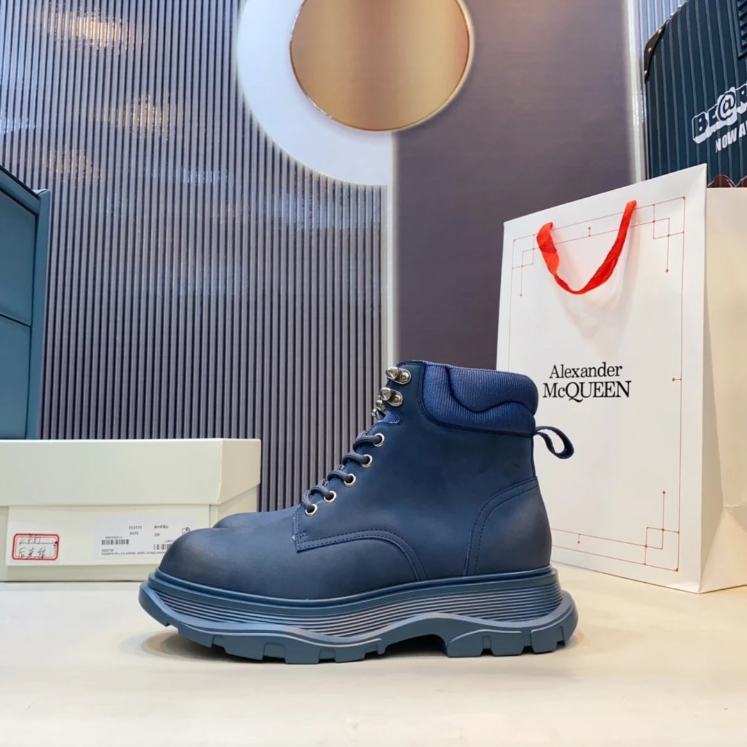 Alexander McQueen Blue Chunky Sole Leather Boots