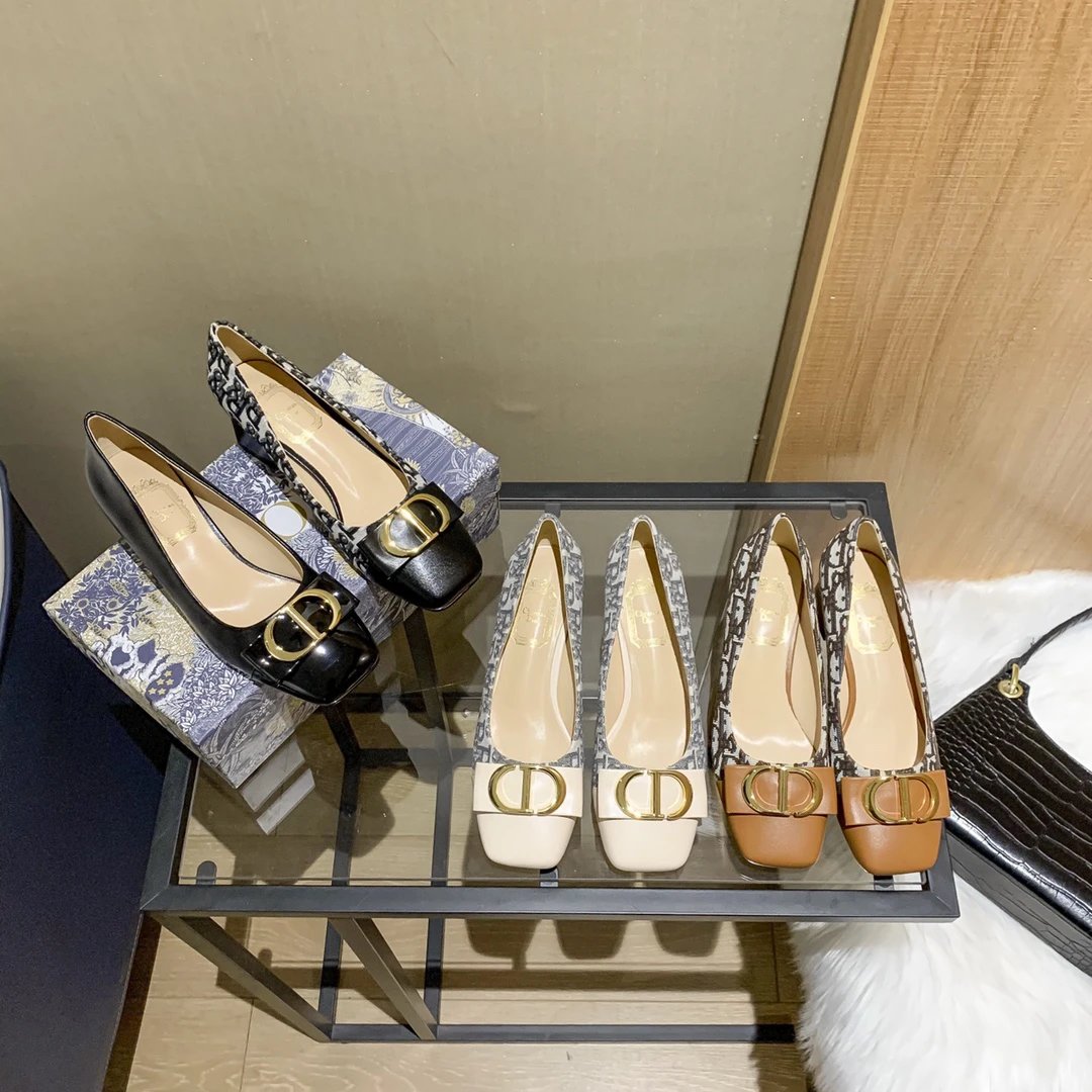 Dior Women Leather Pumps Gold Buckle Elegant Shoes