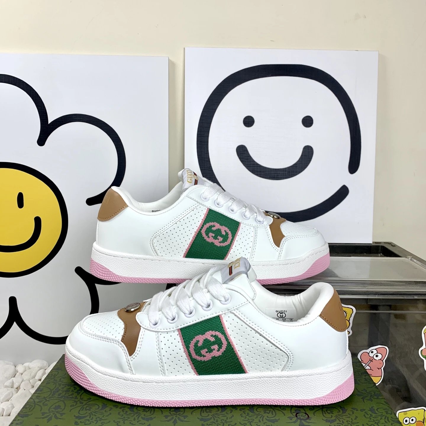 Gucci Women White Leather Sneakers Green Pink Web