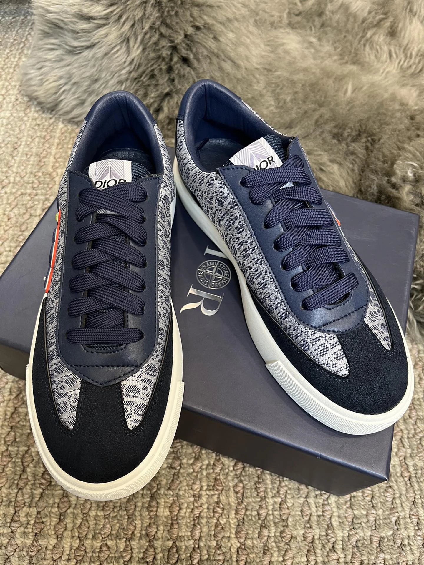Dior Men Sneakers Navy Gray Monogram Leather Shoes