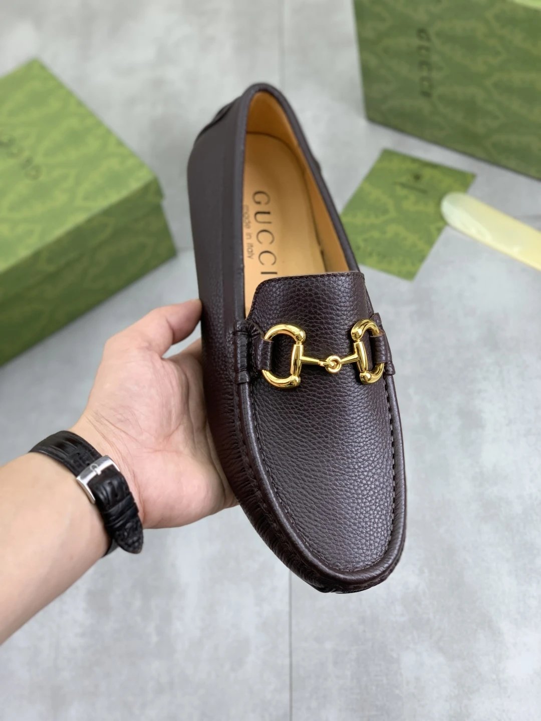 Gucci Brown Leather Loafers Gold Horsebit Shoes