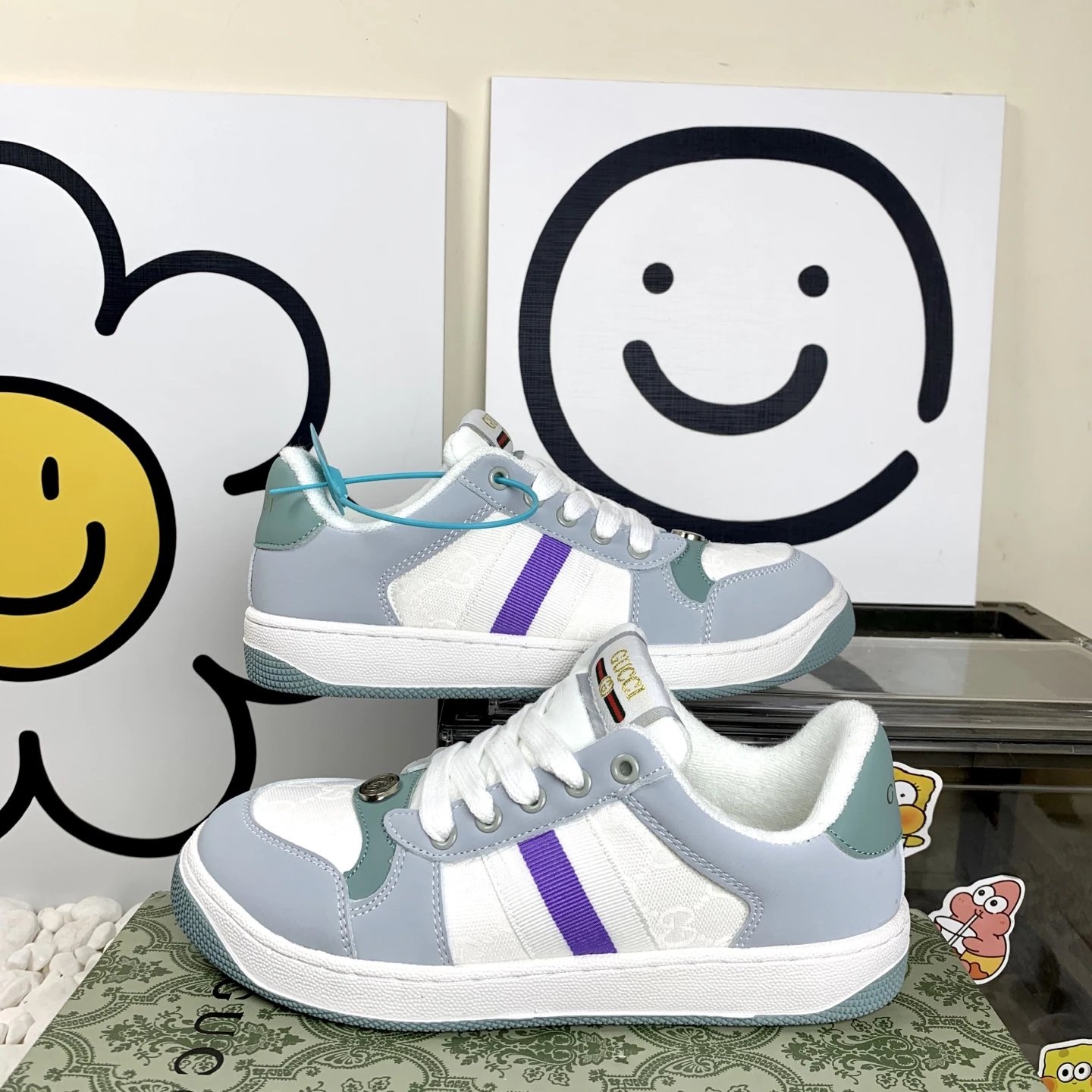 Gucci Gray White Sneakers Purple Stripe Shoes