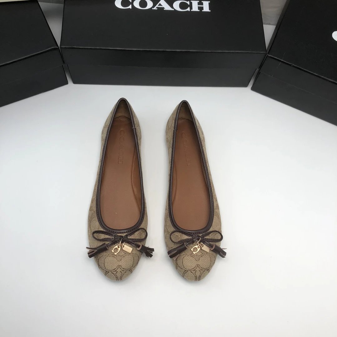 COACH Brown Canvas Ballet Flats Bow Charm Shoes