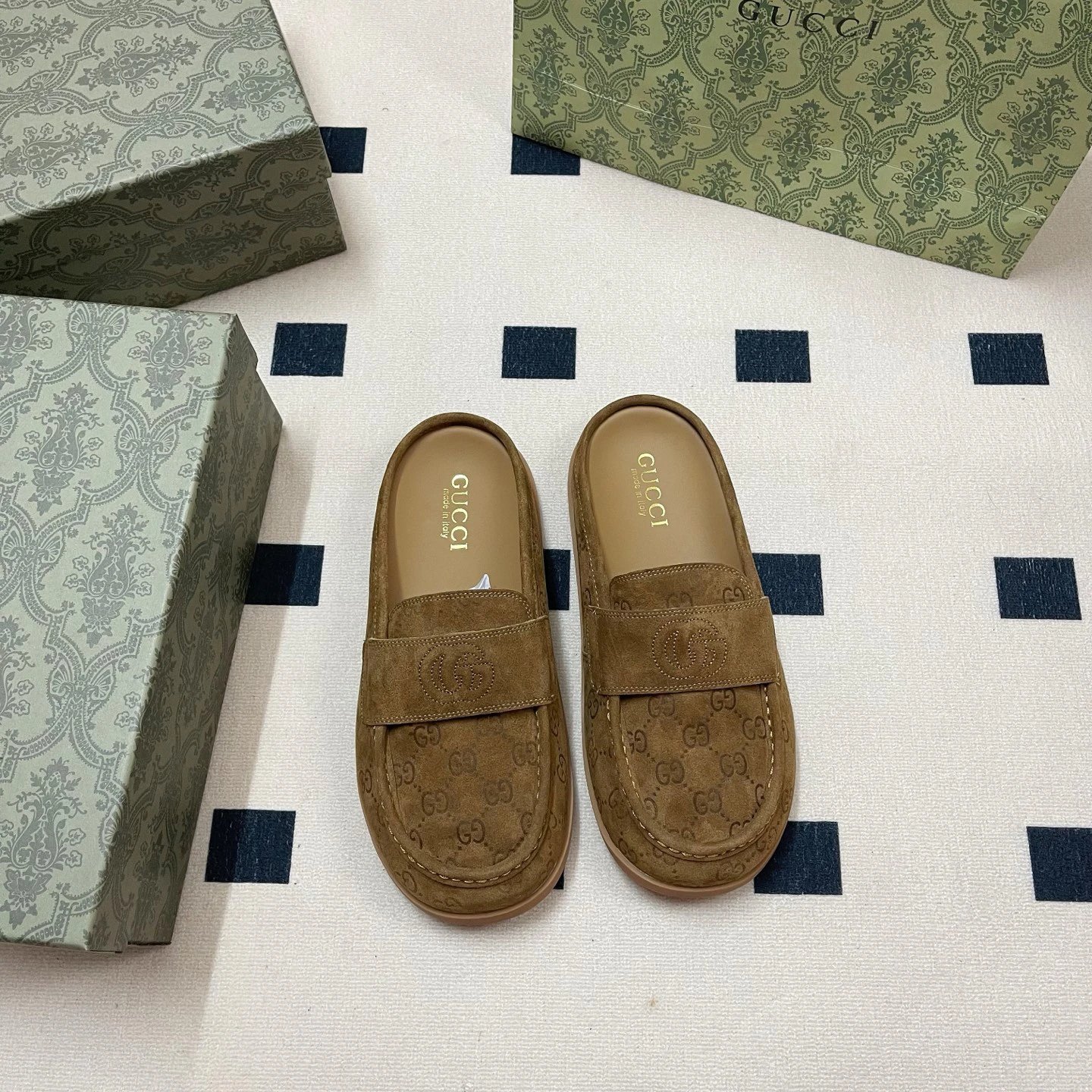 Gucci Men Brown Suede GG Loafers Slip‑On Shoes
