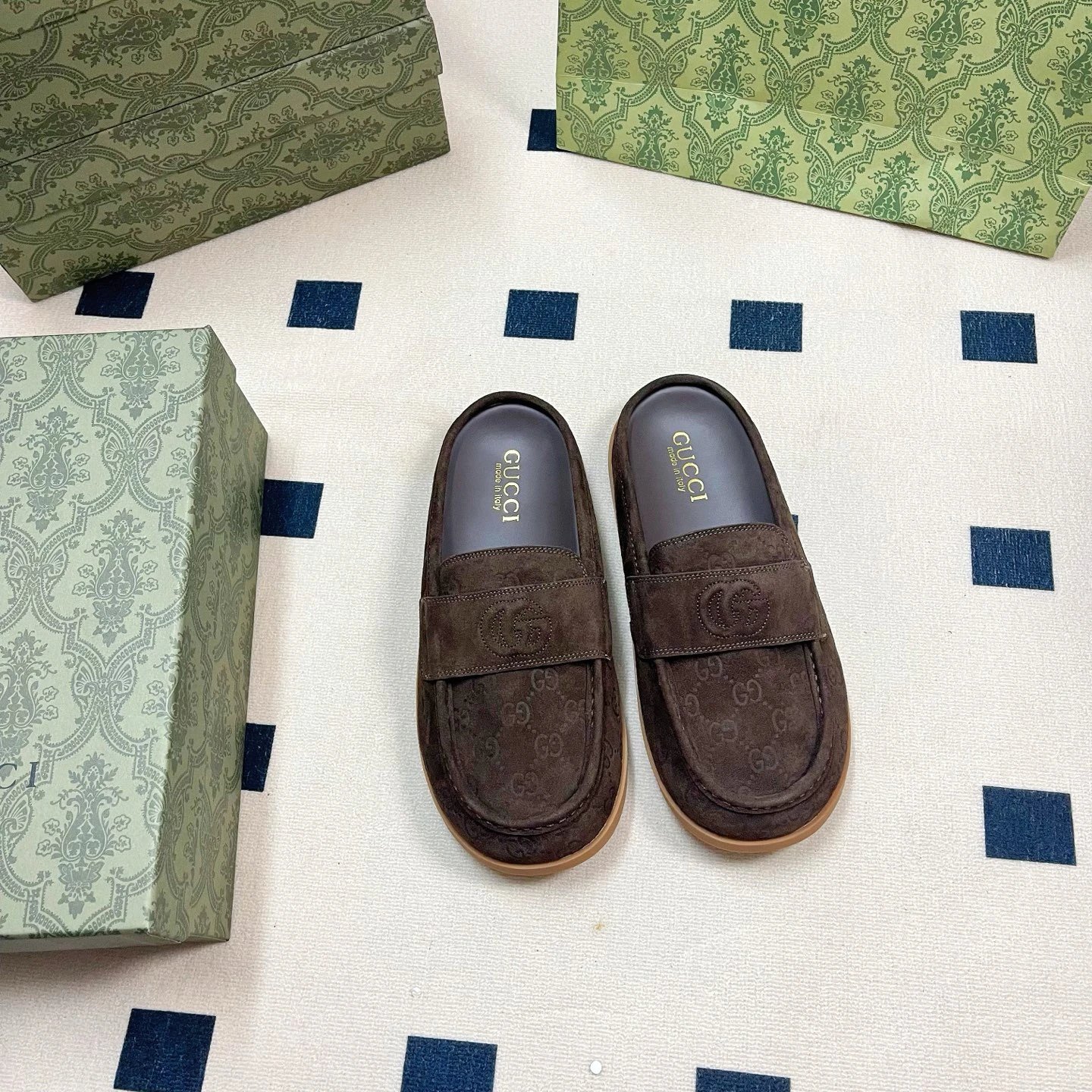 Gucci Men's Brown Suede Loafers GG Slip On Shoes