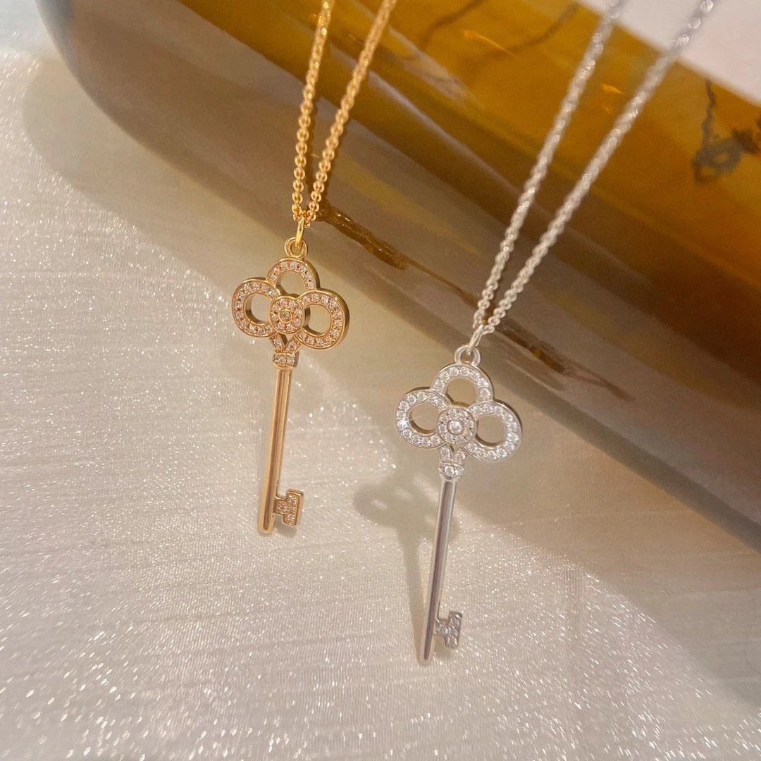 Tiffany Key Pendant Necklace Gold Silver Crystal Jewelry