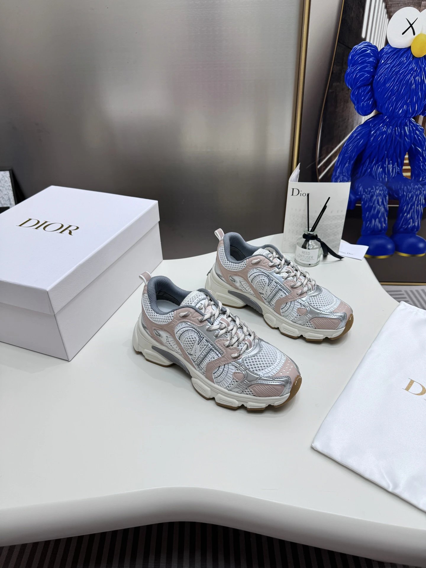 Dior Women Mesh Sneakers Pink Silver Running Shoes