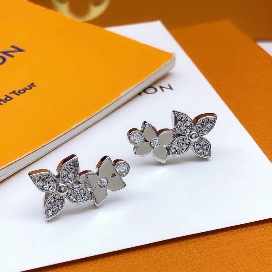 Louis Vuitton Flower Crystal Silver Stud Earrings