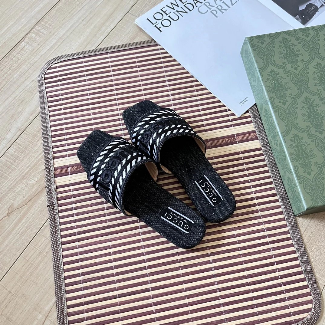 Gucci Women Denim Logo Slides Sandals Black Fashion
