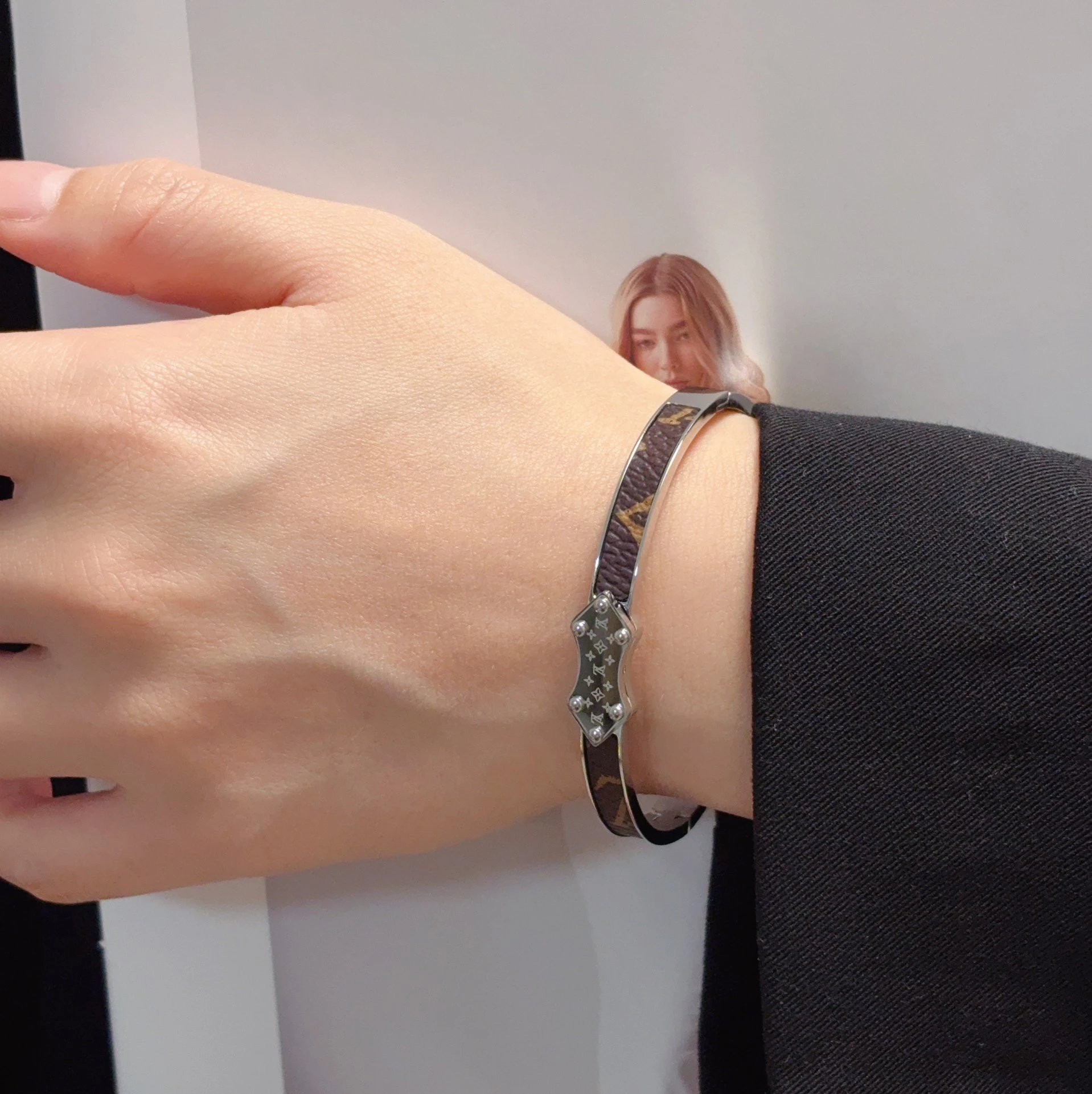 Louis Vuitton Monogram Leather Stainless Steel Women Bracelet