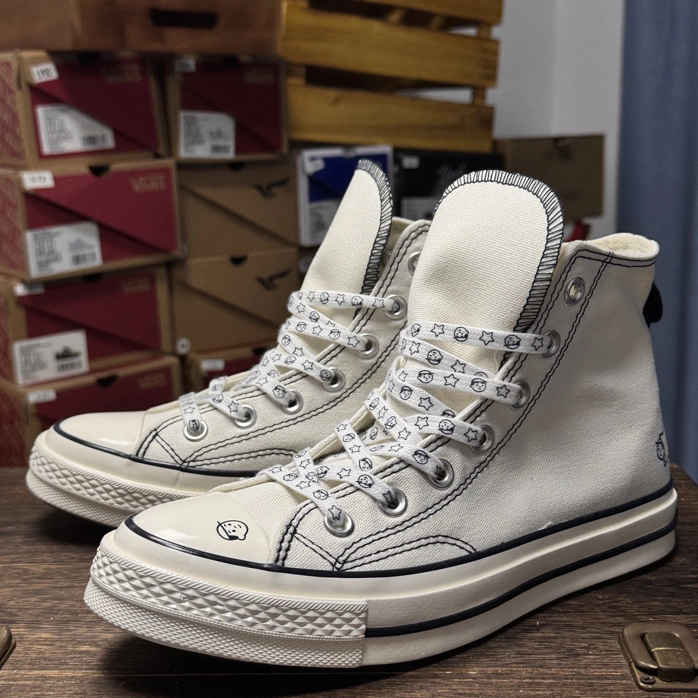 Converse High Top Canvas Sneakers Off White Star Laces