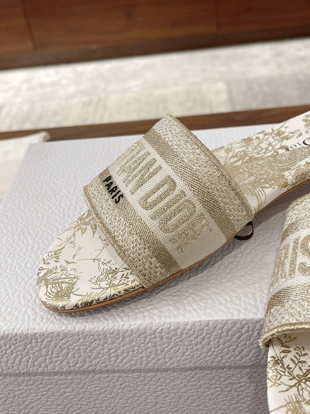 Dior Women Embroidered Cream Gold Slides Sandals
