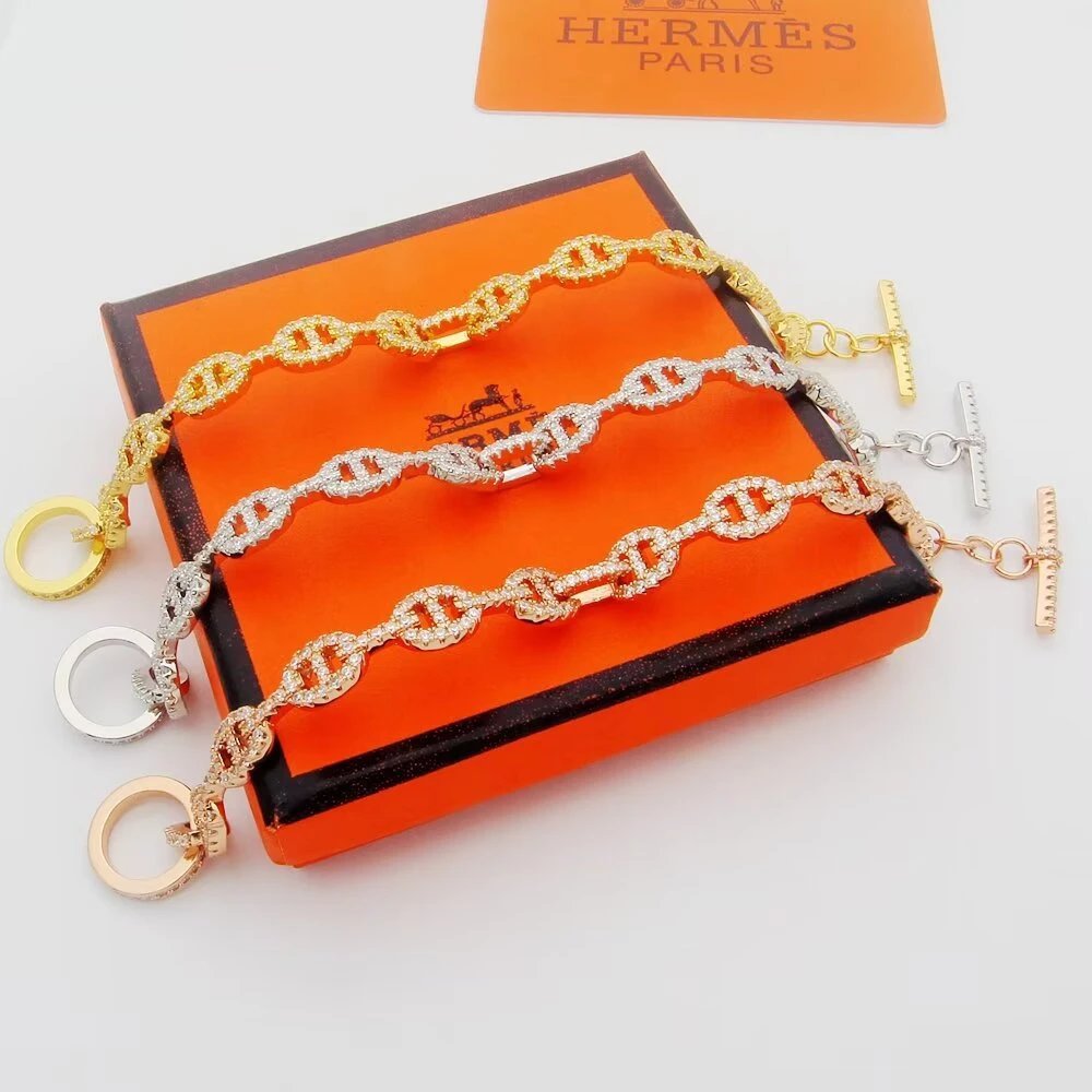 Hermes Crystal Chain Bracelet Gold Silver Rose Jewelry